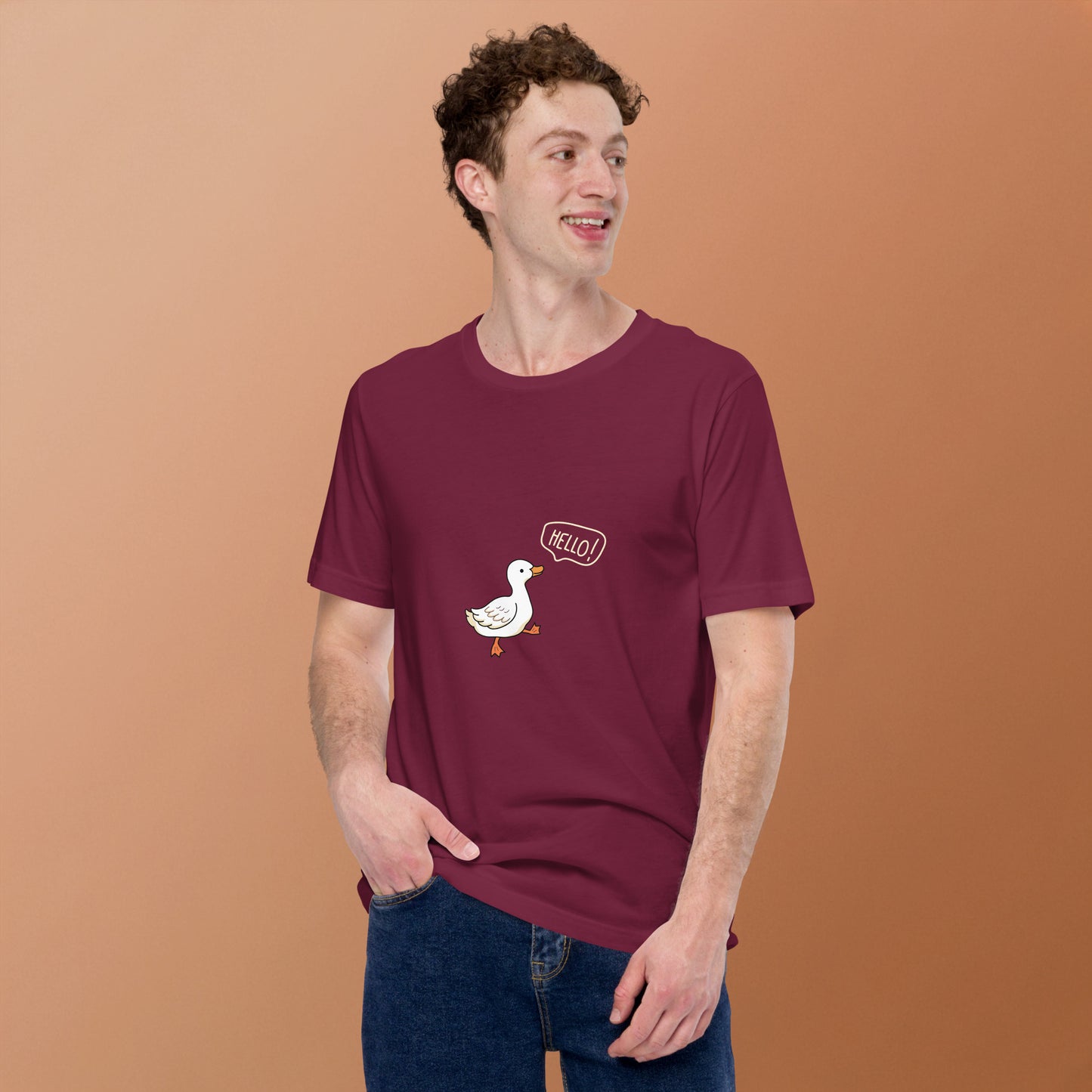 Quacksy T-Shirt image 25: Maroon version, size 2XL with front view of the Hello Duck range.