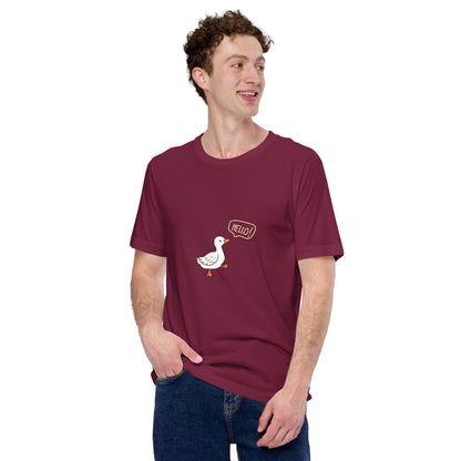 Image 21 of Maroon Quacksy T-Shirt, size S, with Hello Duck artwork visible in front view.