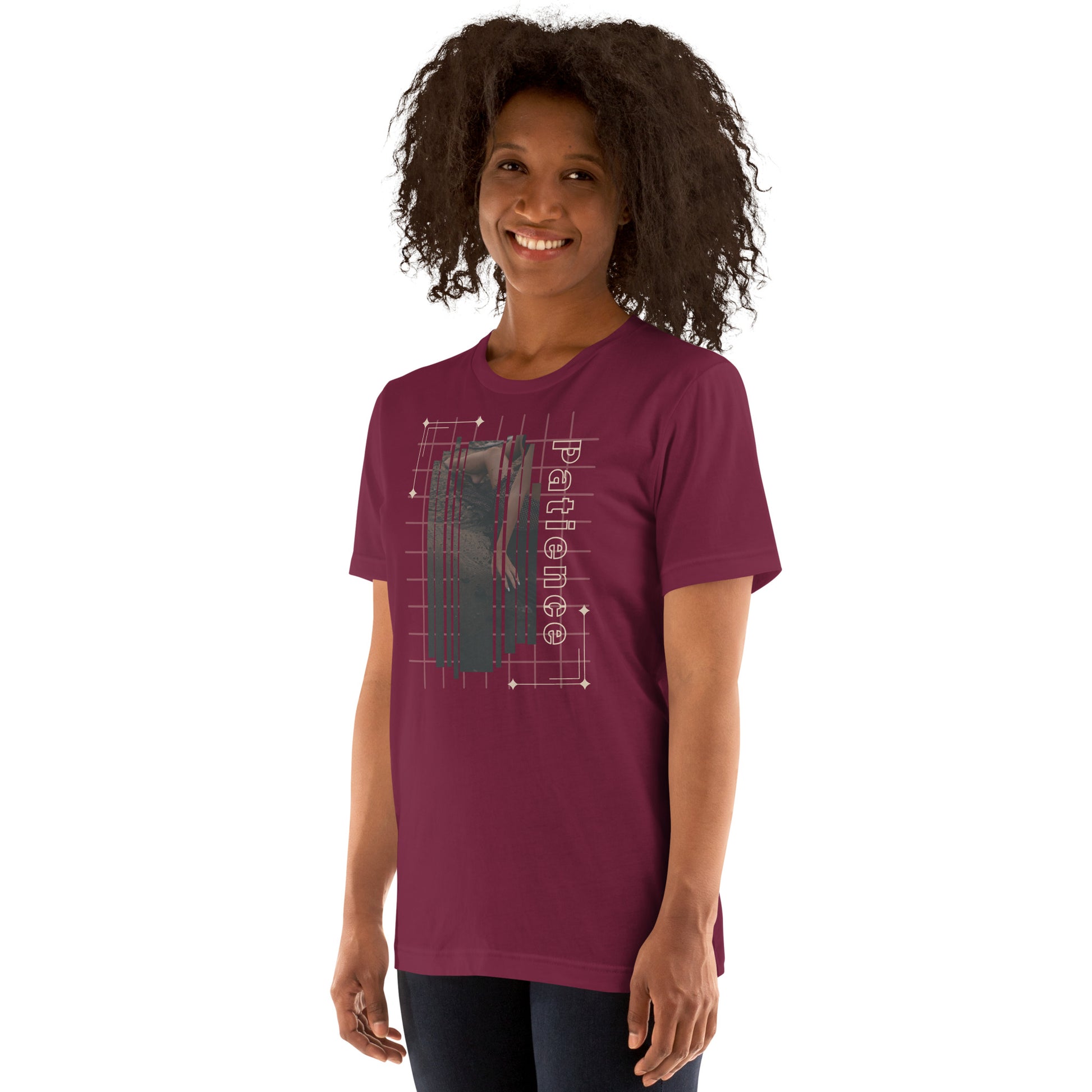 Stillwater T-Shirt - Left Placement image 7: Black Heather version, size 4XL with front view, left-side angle of the Patience range.