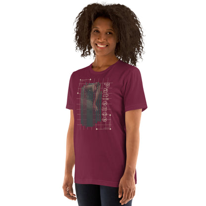 Stillwater T-Shirt - Left Placement image 7: Black Heather version, size 4XL with front view, left-side angle of the Patience range.