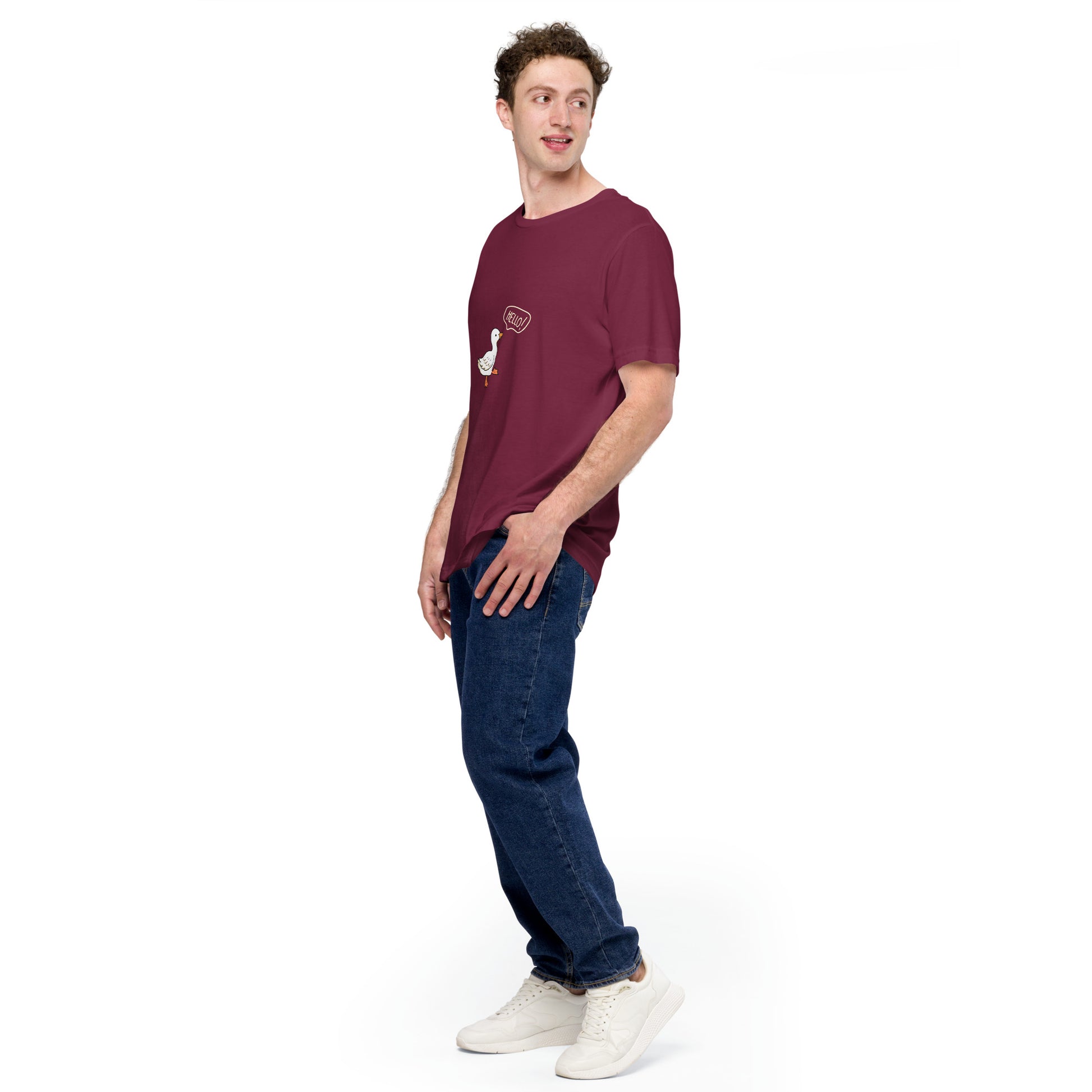 Quacksy T-Shirt product image 23 in Maroon, size L, with front view, left-side angle and design placement.