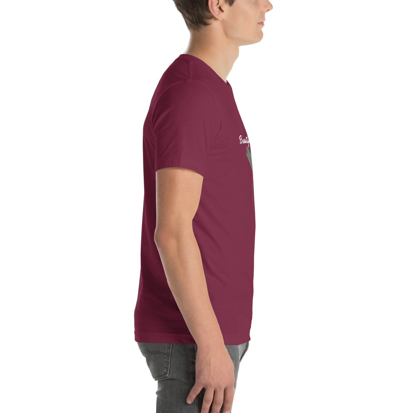 Image 9 of Black Bellevie T-Shirt - Left Placement, size M, with Beautiful Life artwork visible in right-side angle.