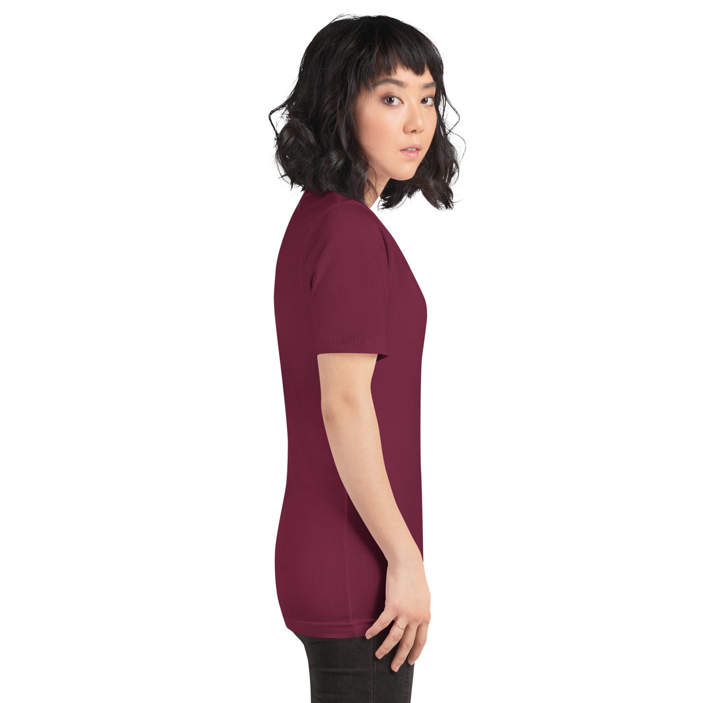 Coastline Attitude T-Shirt - Left Placement product image 6 in Maroon, size XS, with right-side angle and left placement.