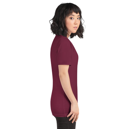 Coastline Attitude T-Shirt - Left Placement product image 6 in Maroon, size XS, with right-side angle and left placement.