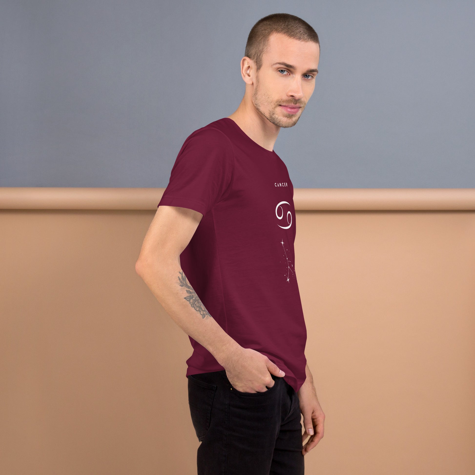 Moonhaven T-Shirt product image 48 in Dark Grey, size L, with right-side angle and design placement.