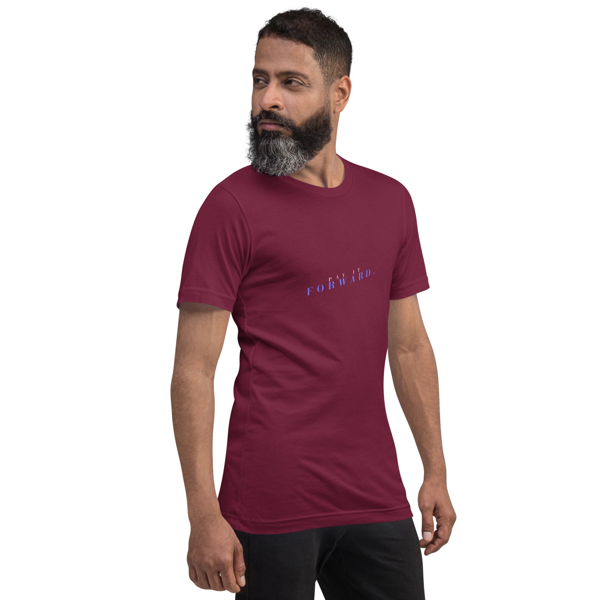 Image 12 of Black Forward Kind T-Shirt - Left Placement 78, size 2XL, with Pay It Forward artwork visible in front view, right-side angle.