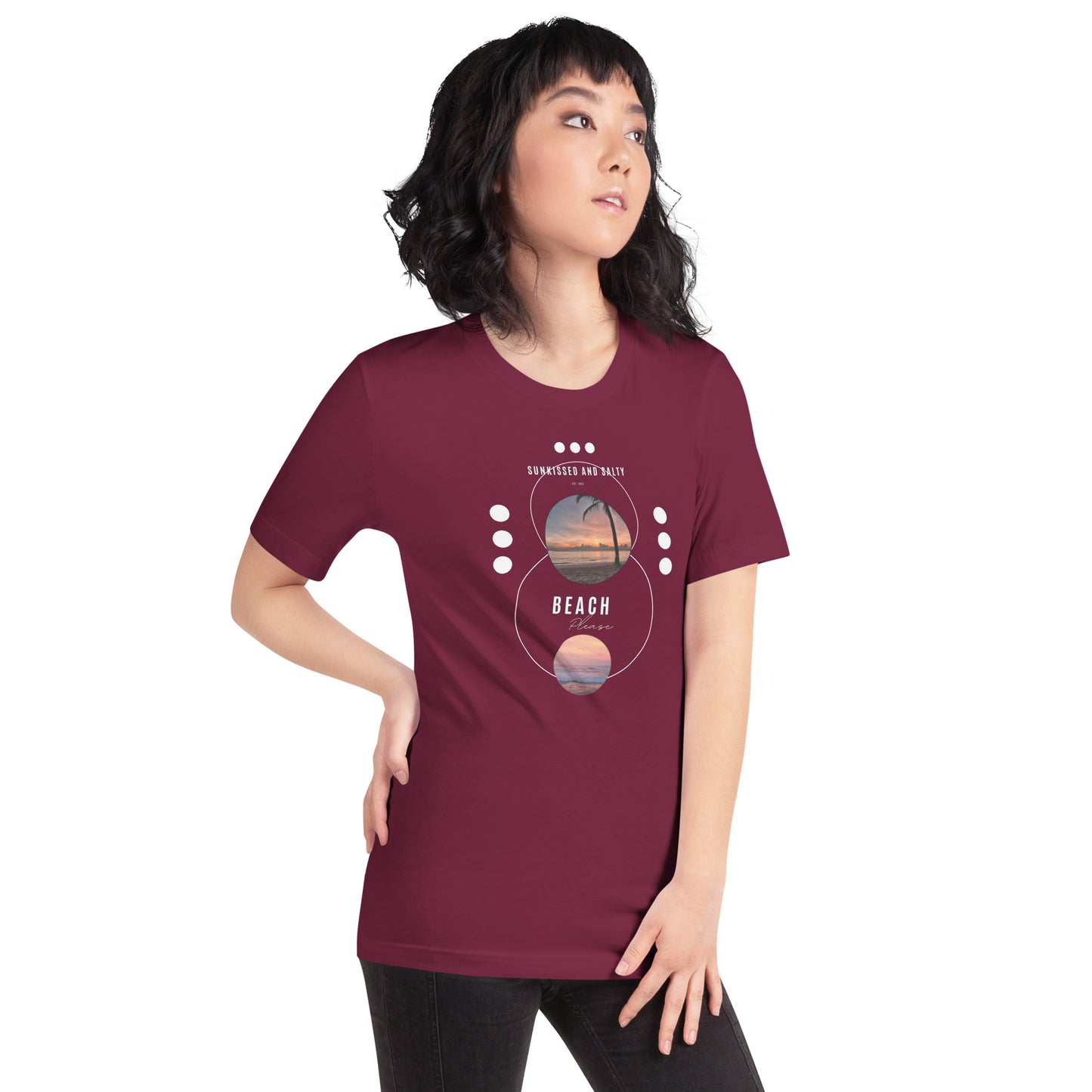 Coastline Attitude T-Shirt - Left Placement image 2 in Black Heather, size S, showing front view, right-side angle for the Beach Please design.