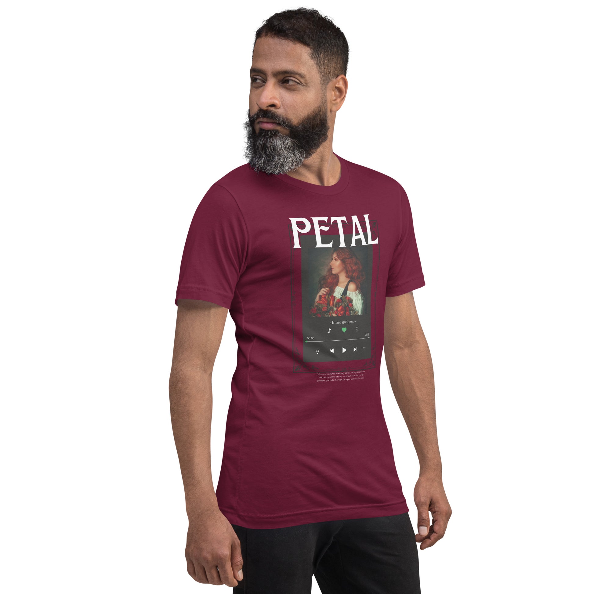 Image 16 of Maroon Petaline T-Shirt, size S, with Petal artwork visible in front view, right-side angle.