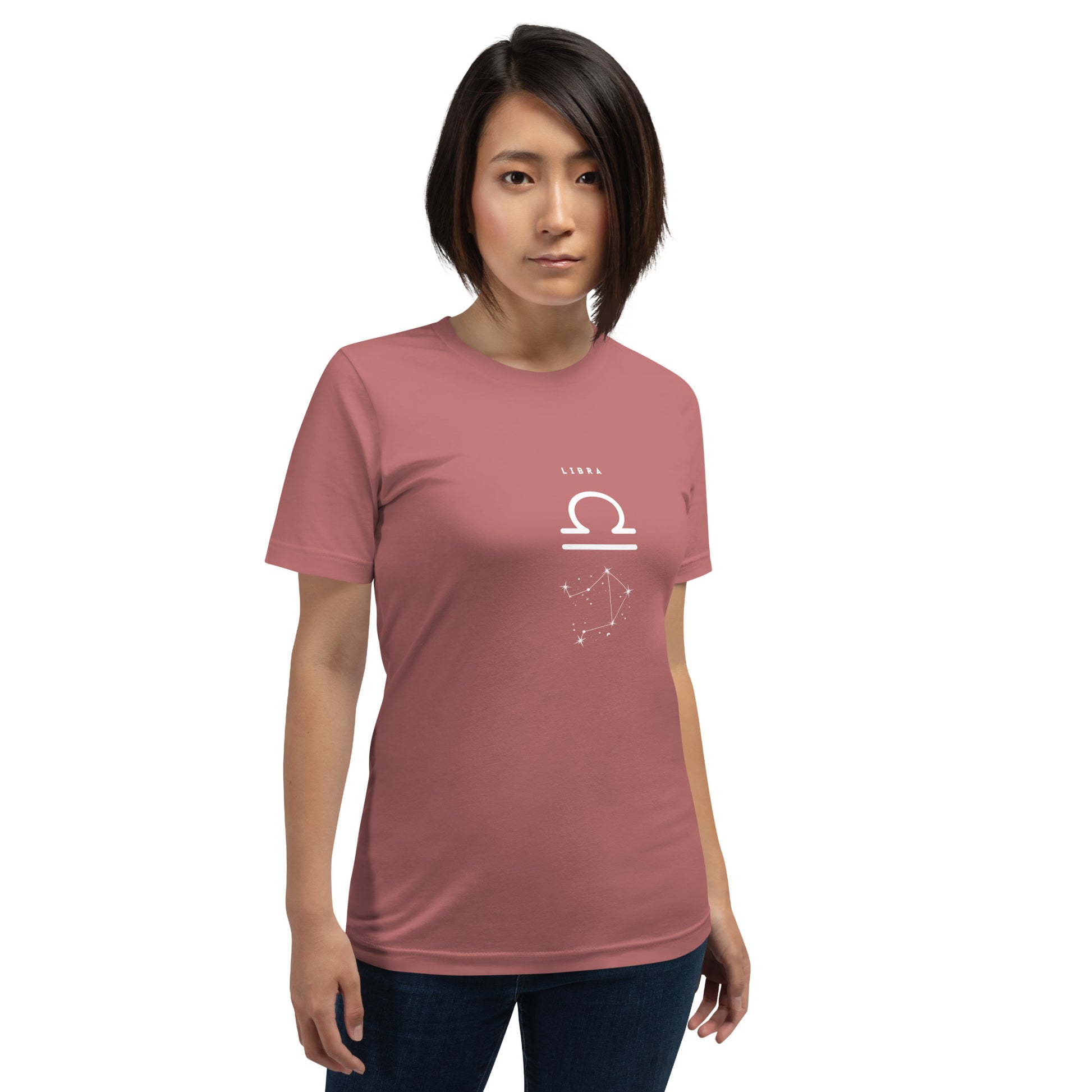 Image 43 of Heather Mauve Balance Court T-Shirt - Left Placement, size L, with Libra artwork visible in front view.
