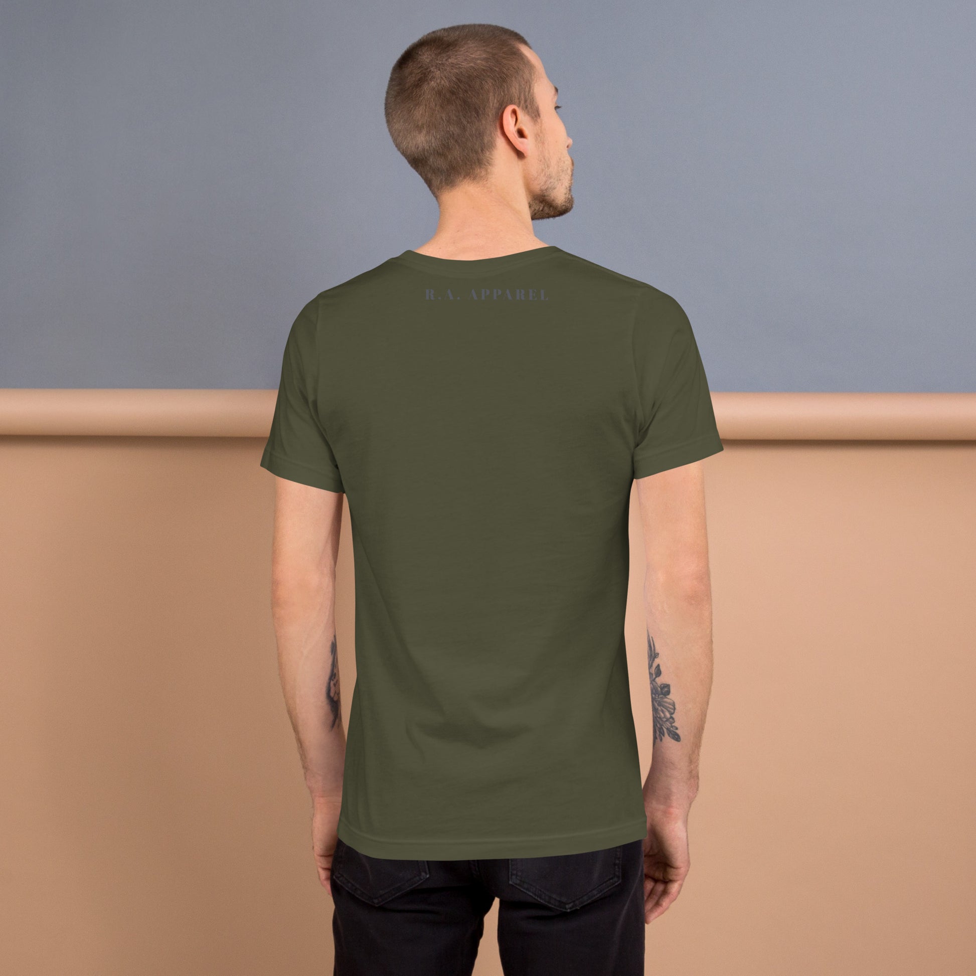 Moonhaven T-Shirt product image 70 in Heather Navy, size 2XL, with back view and design placement.