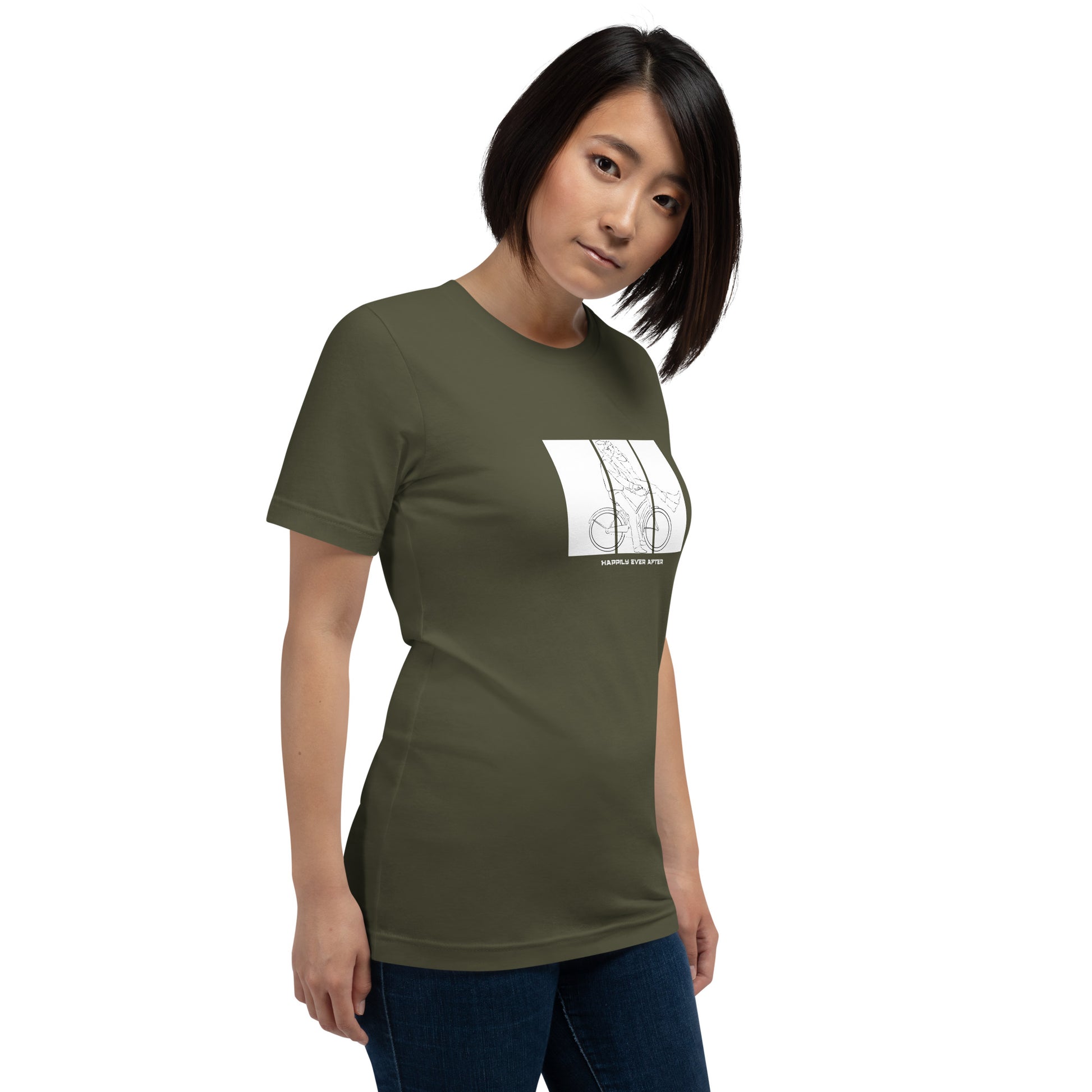 Image 38 of Heather Forest Ever After T-Shirt - Left Placement, size XL, with Happily Ever After artwork visible in front view, right-side angle.