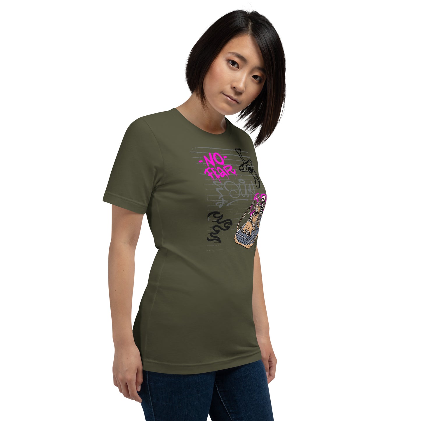 Image 34 of Navy Fearless T-Shirt - Left Placement, size XL, with No Fear artwork visible in front view, right-side angle.