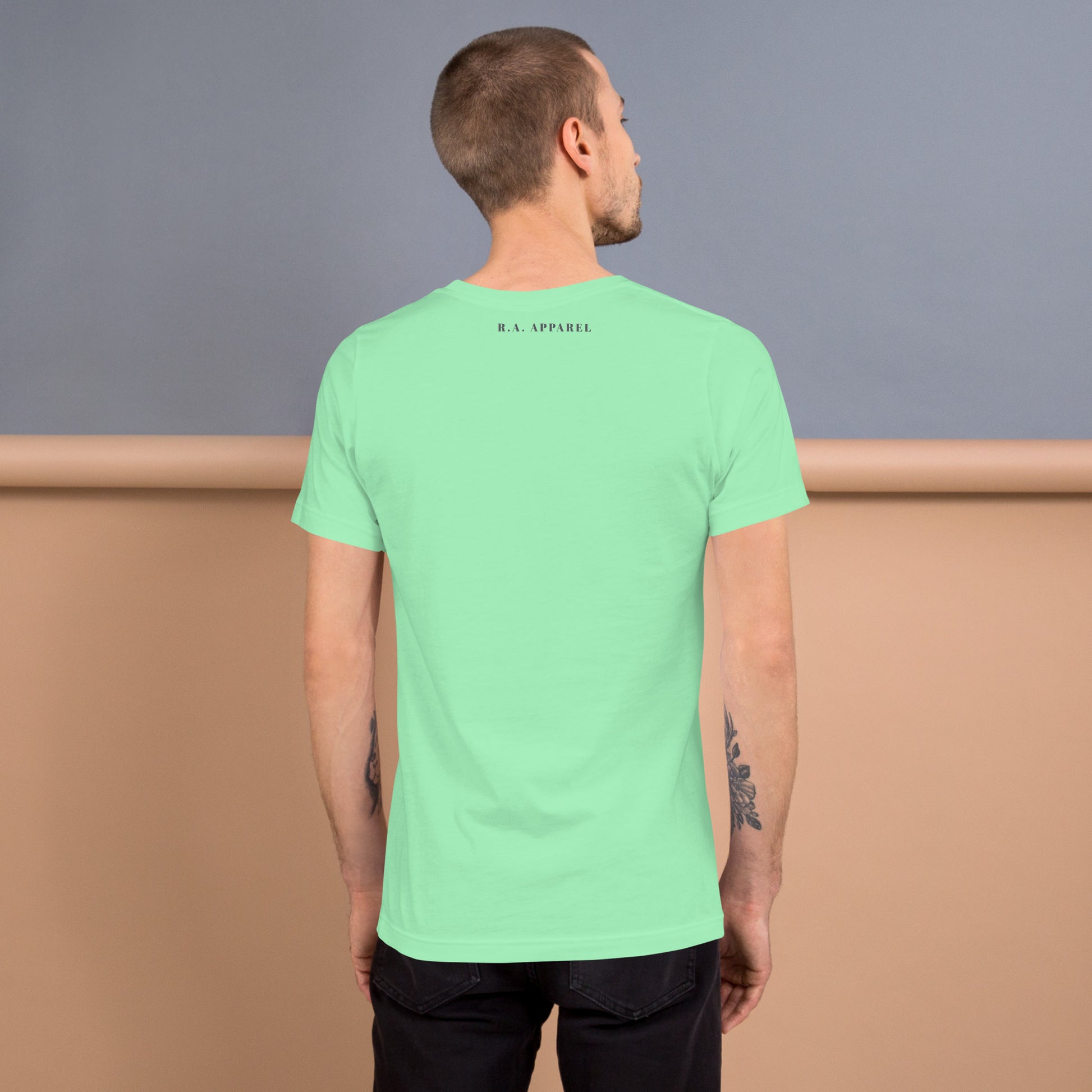 Fortitude T-Shirt - Left Placement 75 by R.A. Apparel, image 38, back view, Heather Dust, size L, left placement.