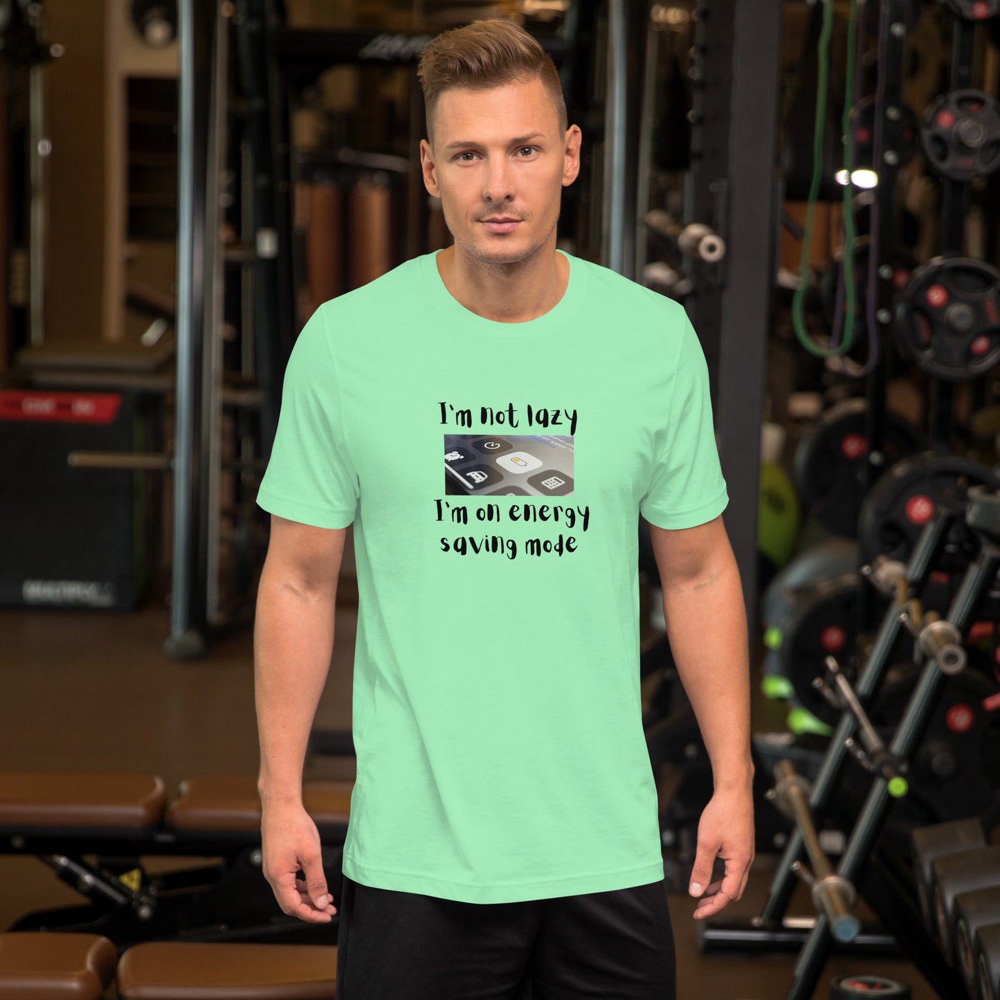 Image 9 of Ocean Blue Low Power T-Shirt - Left Placement, size L, with Energy Saving artwork visible in front view.