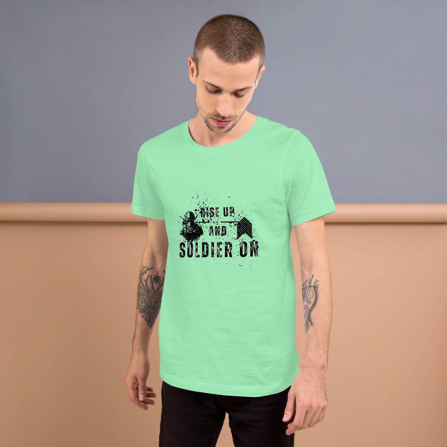 Fortitude T-Shirt - Left Placement 75 image 37 in Heather Dust, size M, showing front view for the Soldier On design.
