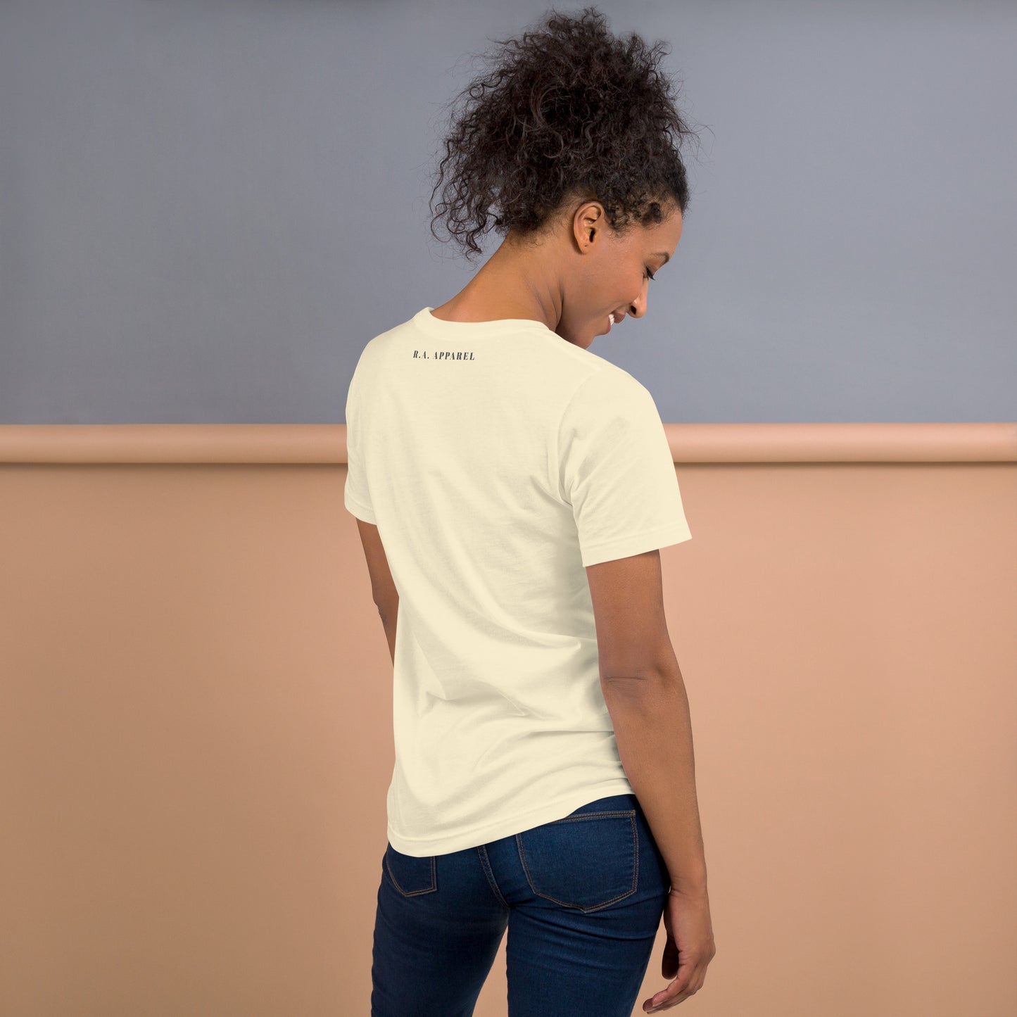 Image 36 of Heather Prism Ice Blue Boo Luxe T-Shirt - Left Placement, size M, with Fa Boo Lous artwork visible in back view.