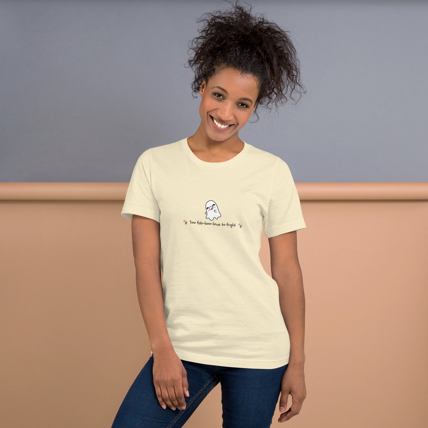 Image 34 of Heather Prism Ice Blue Boo Luxe T-Shirt - Left Placement, size XS, with Fa Boo Lous artwork visible in front view.