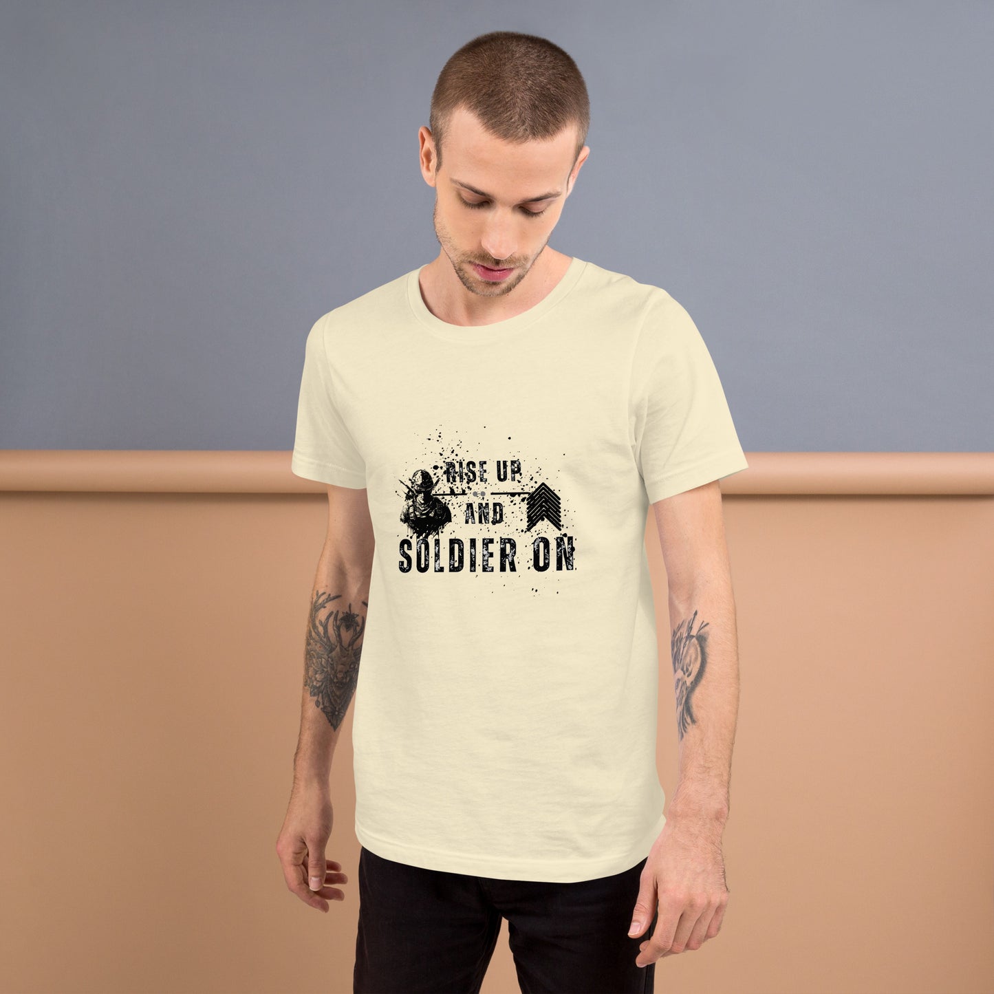 Image 31 of Yellow Fortitude T-Shirt - Left Placement 75, size S, with Soldier On artwork visible in front view.