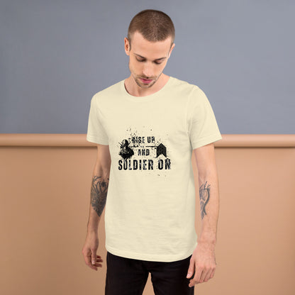 Image 31 of Yellow Fortitude T-Shirt - Left Placement 75, size S, with Soldier On artwork visible in front view.