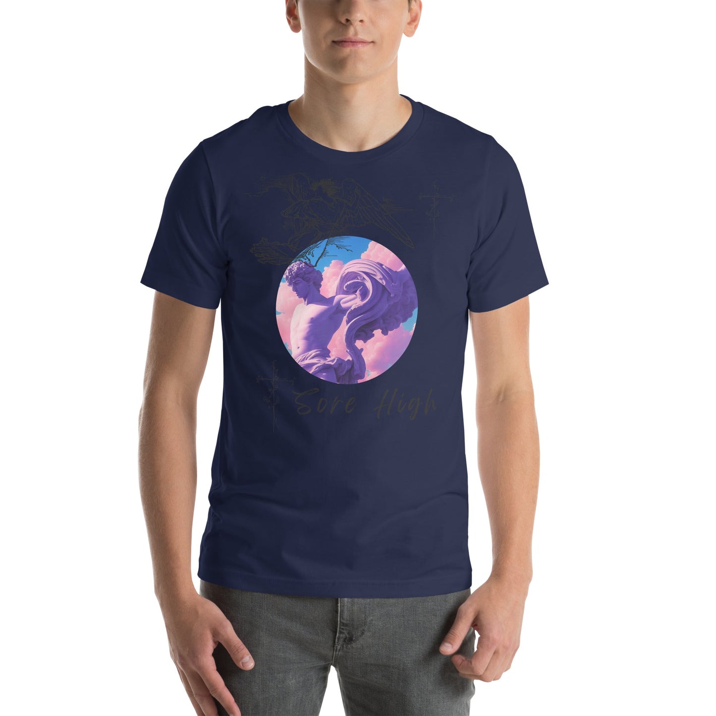 Skyborne T-Shirt - Left Placement image 4: Black Heather version, size XL with front view of the Sore High range.