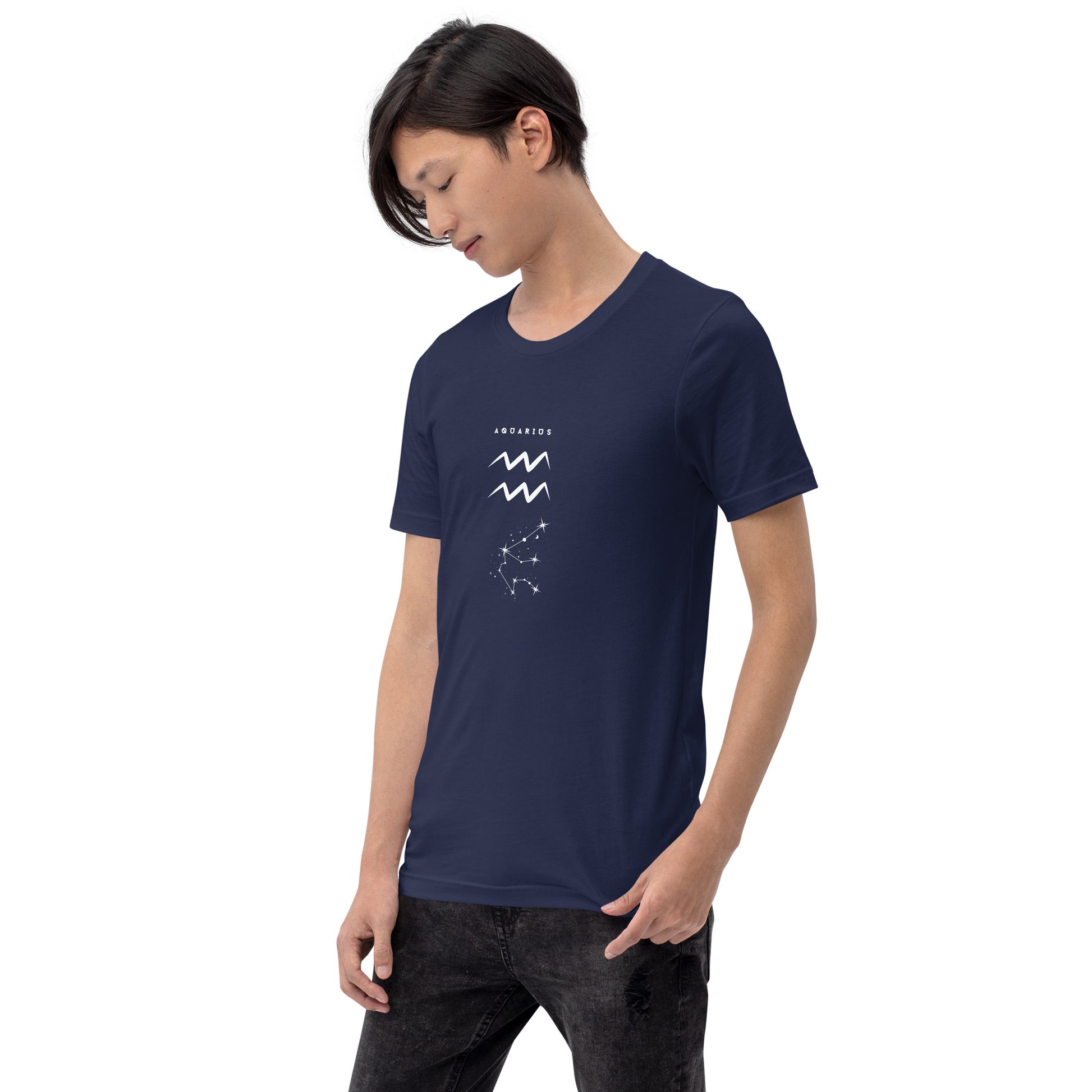 Waterbearer T-Shirt - Left Placement image 16 in Oxblood Black, size S, showing front view, left-side angle for the Aquarius design.