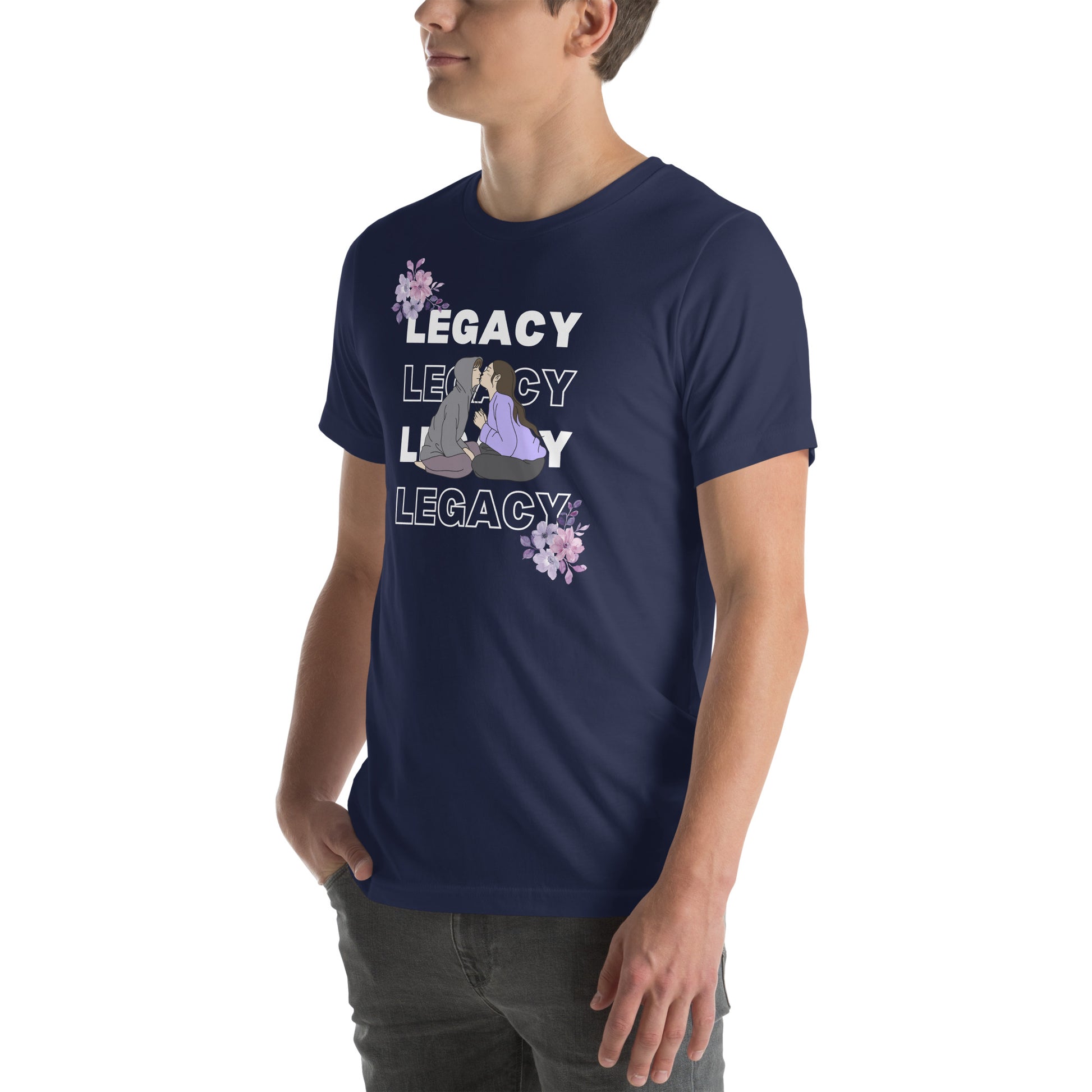 Image 7 of Black Heirloom T-Shirt - Left Placement, size S, with Legacy artwork visible in front view, left-side angle.