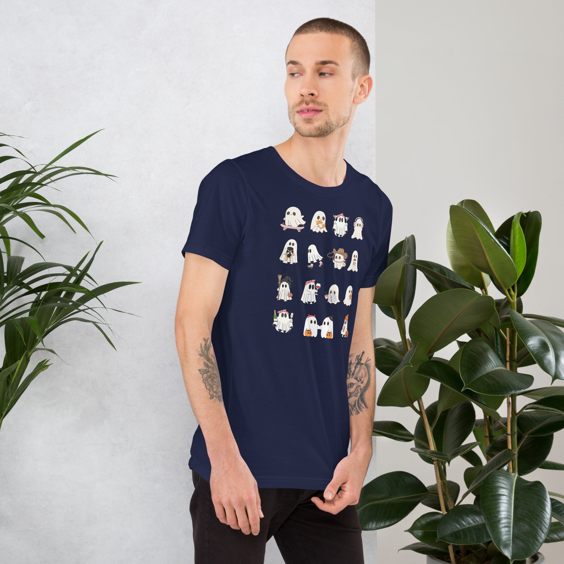 Image 6 of Navy Spectral T-Shirt - Left Placement, size XS, with Ghosts artwork visible in right-side angle.