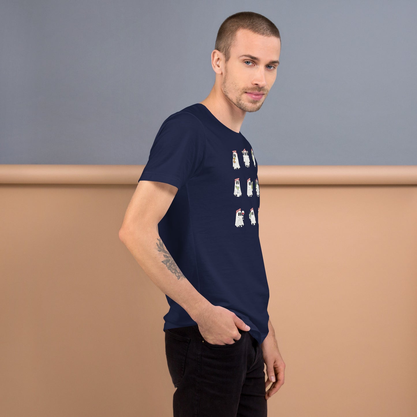 Image 4 of Black Heather Little Haunts T-Shirt - Left Placement, size L, with Ghosties 1 artwork visible in right-side angle.