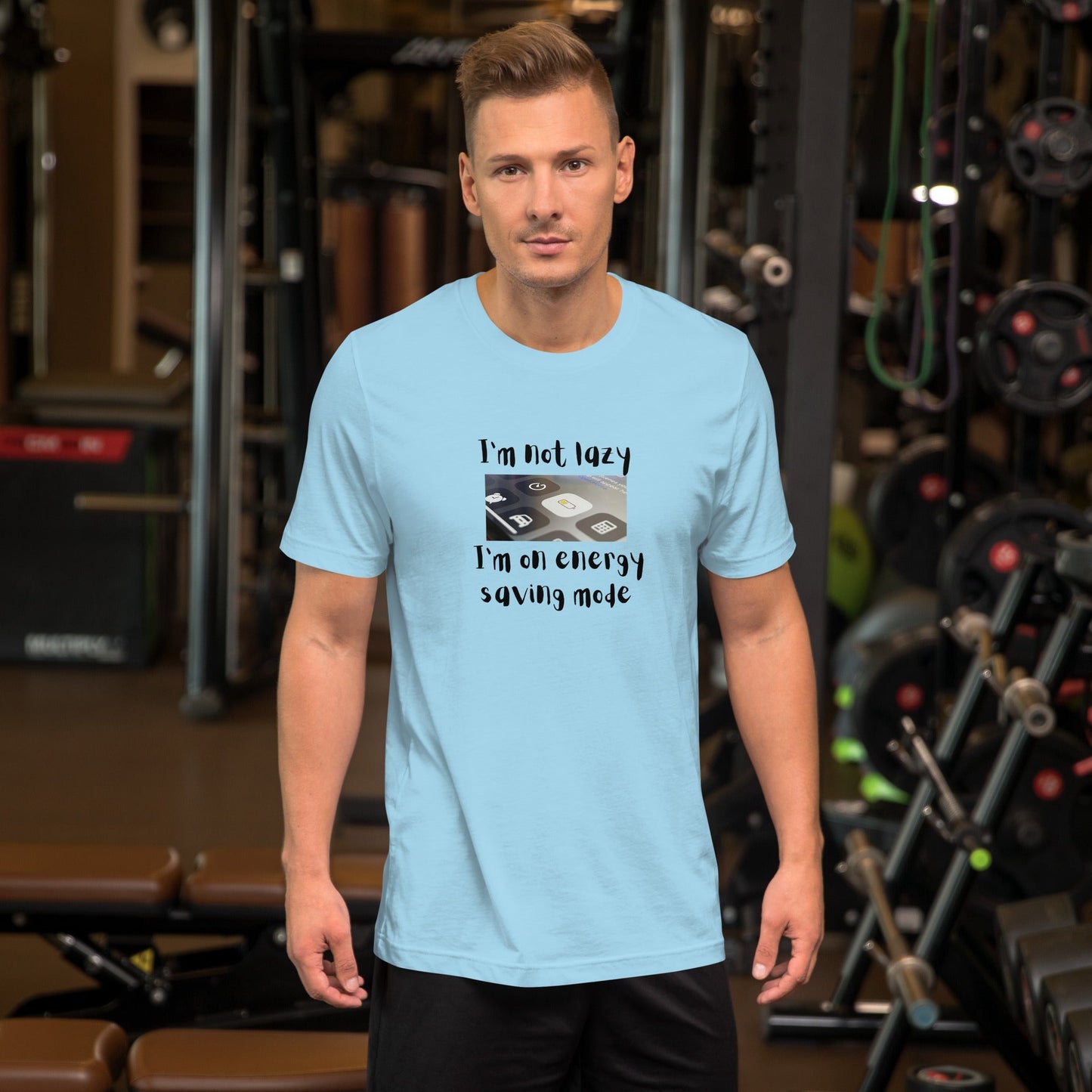 Low Power T-Shirt - Left Placement by R.A. Apparel, image 3, front view, Light Blue, size M, left placement.