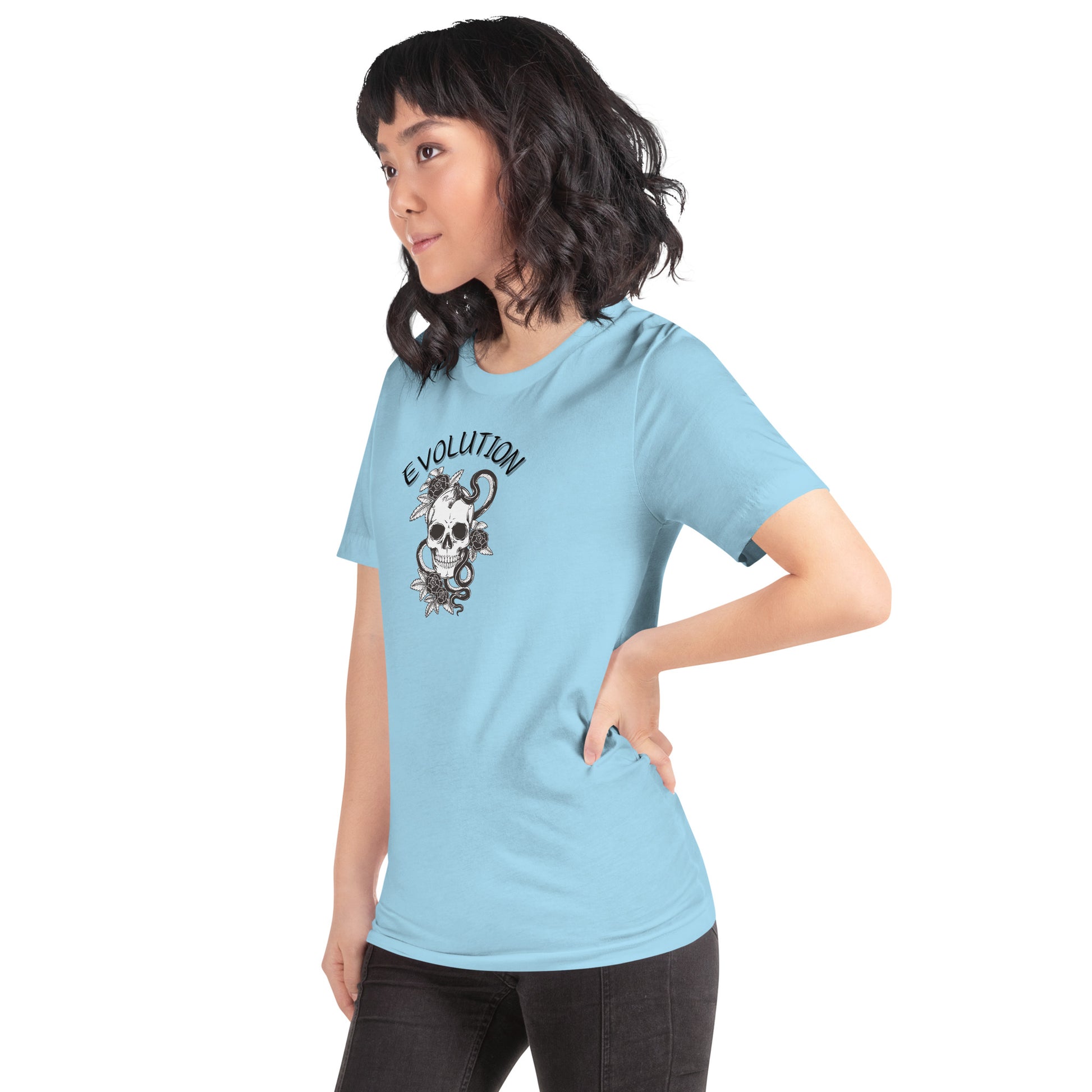 Image 15 of Ocean Blue Evolution T-Shirt - Left Placement, size S, with Evolution artwork visible in front view, left-side angle.