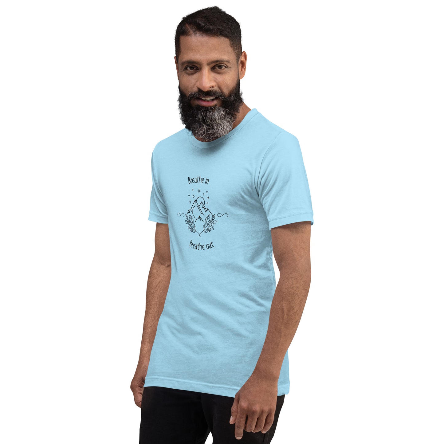 Exhale T-Shirt - Left Placement image 7: Athletic Heather version, size M with front view, left-side angle of the Breathe in and Breathe Out range.