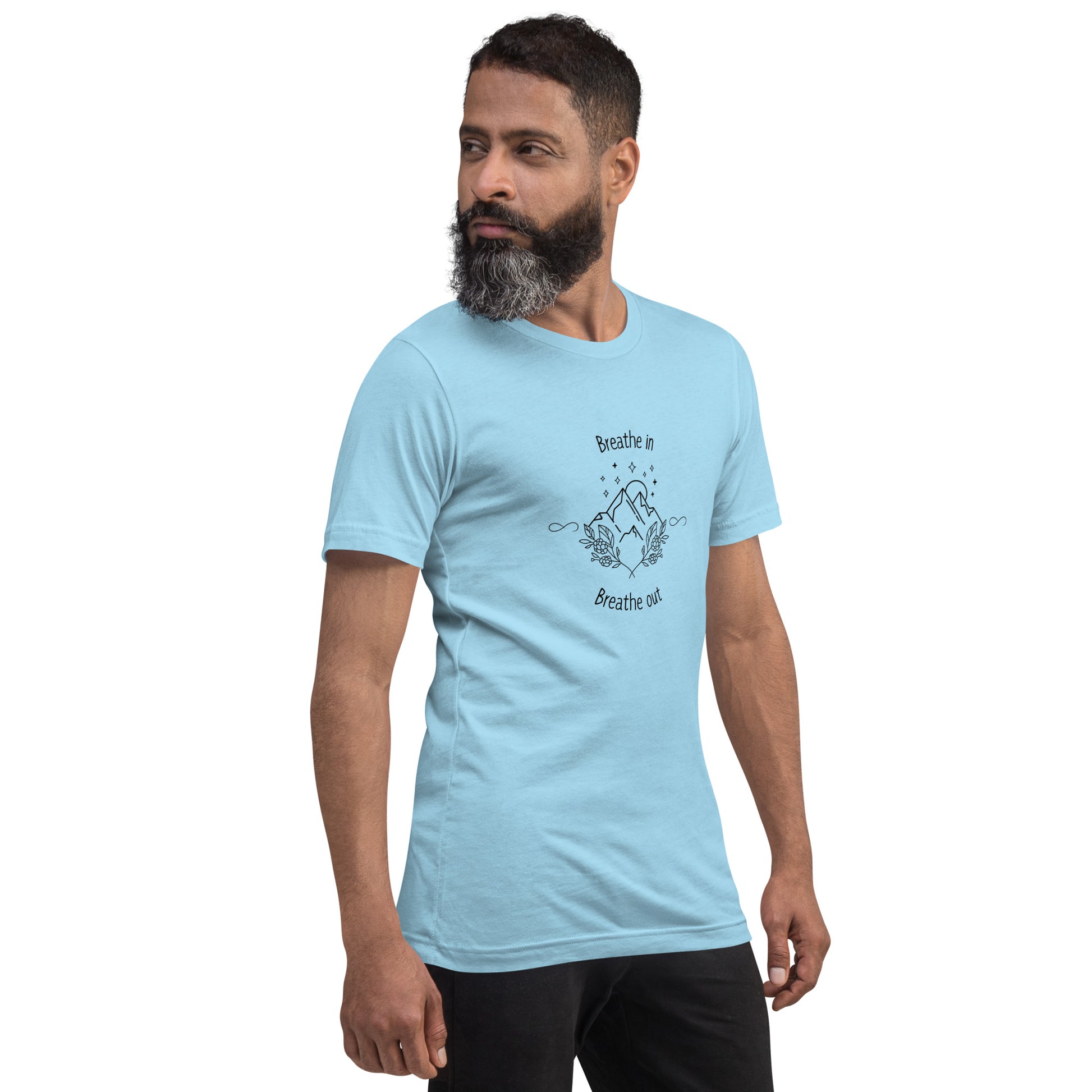 Image 8 of Athletic Heather Exhale T-Shirt - Left Placement, size L, with Breathe in and Breathe Out artwork visible in front view, right-side angle.