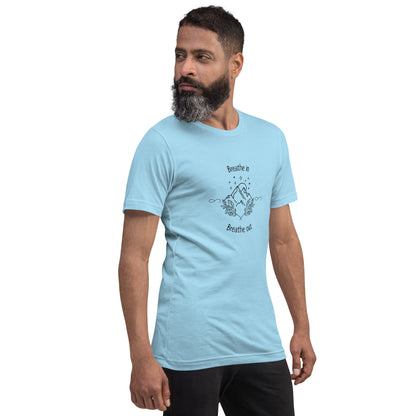 Image 8 of Athletic Heather Exhale T-Shirt - Left Placement, size L, with Breathe in and Breathe Out artwork visible in front view, right-side angle.
