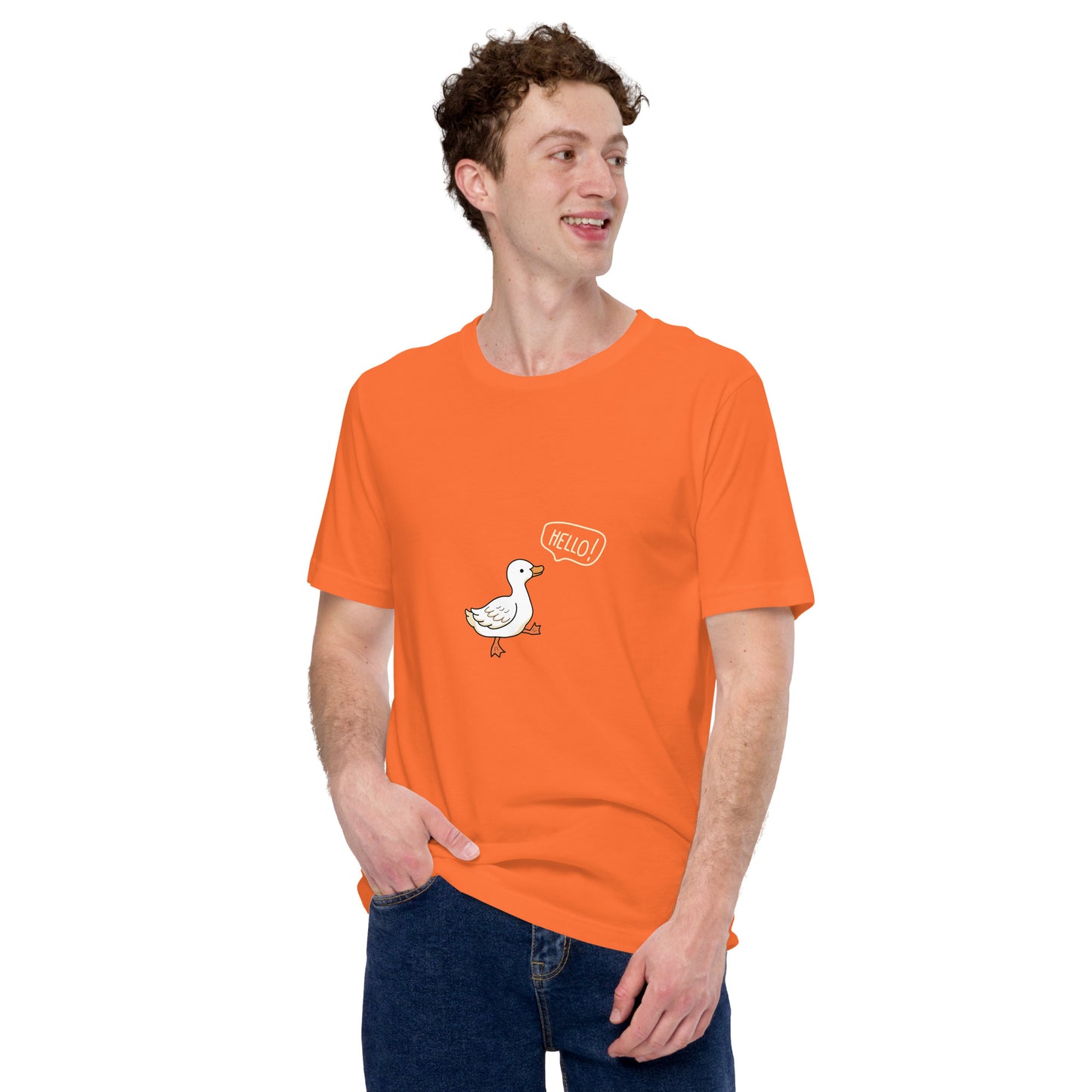 Quacksy T-Shirt image 66: Orange version, size S with front view of the Hello Duck range.
