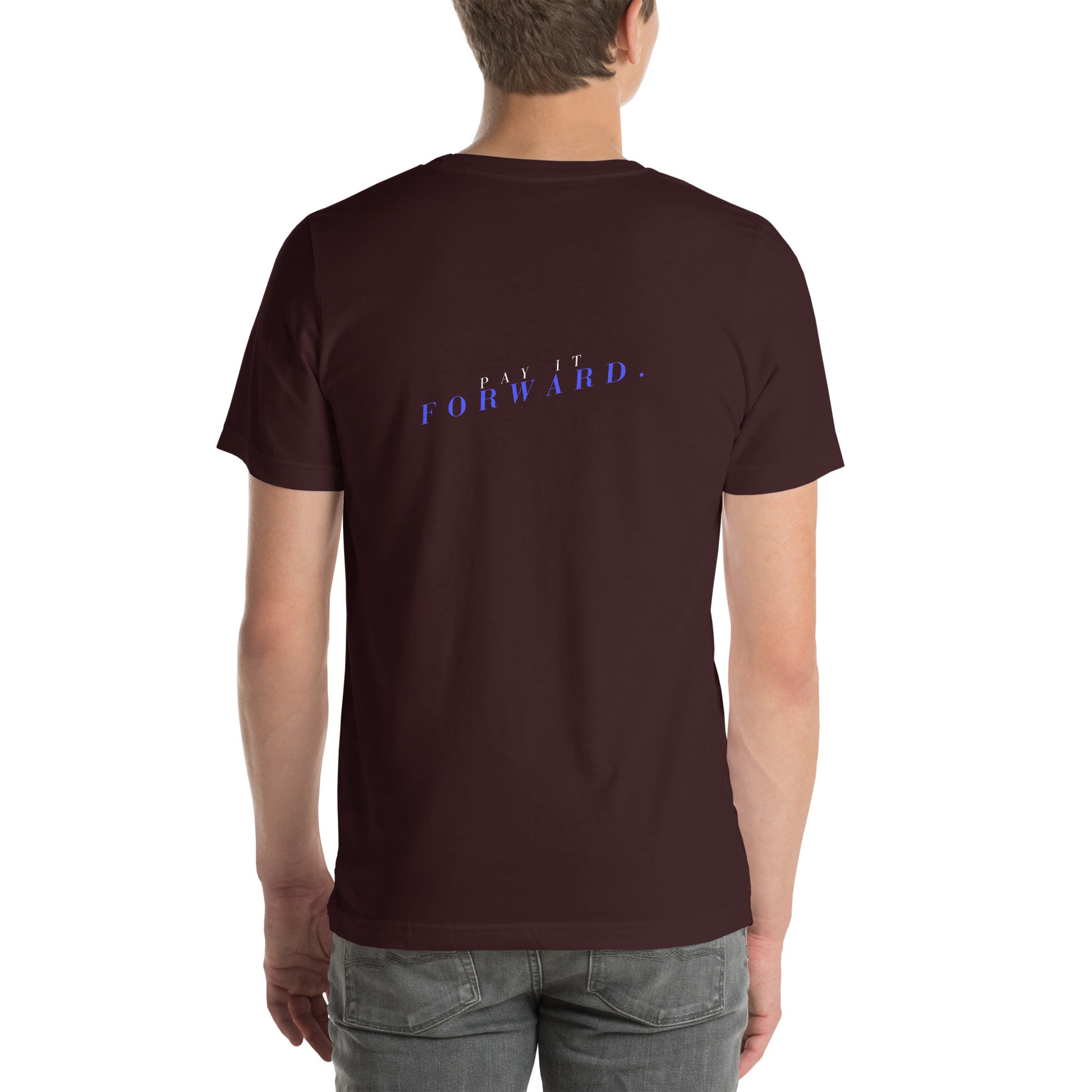 Image 17 of Oxblood Black Forward Kind T-Shirt - Left Placement 77, size 2XL, with Pay It Forward artwork visible in back view.