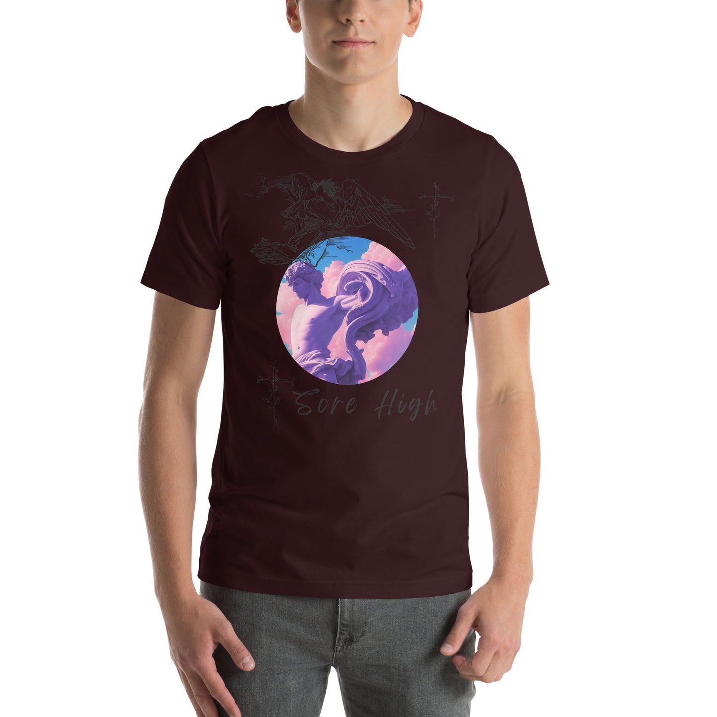 Skyborne T-Shirt - Left Placement image 3: Black Heather version, size L with front view of the Sore High range.