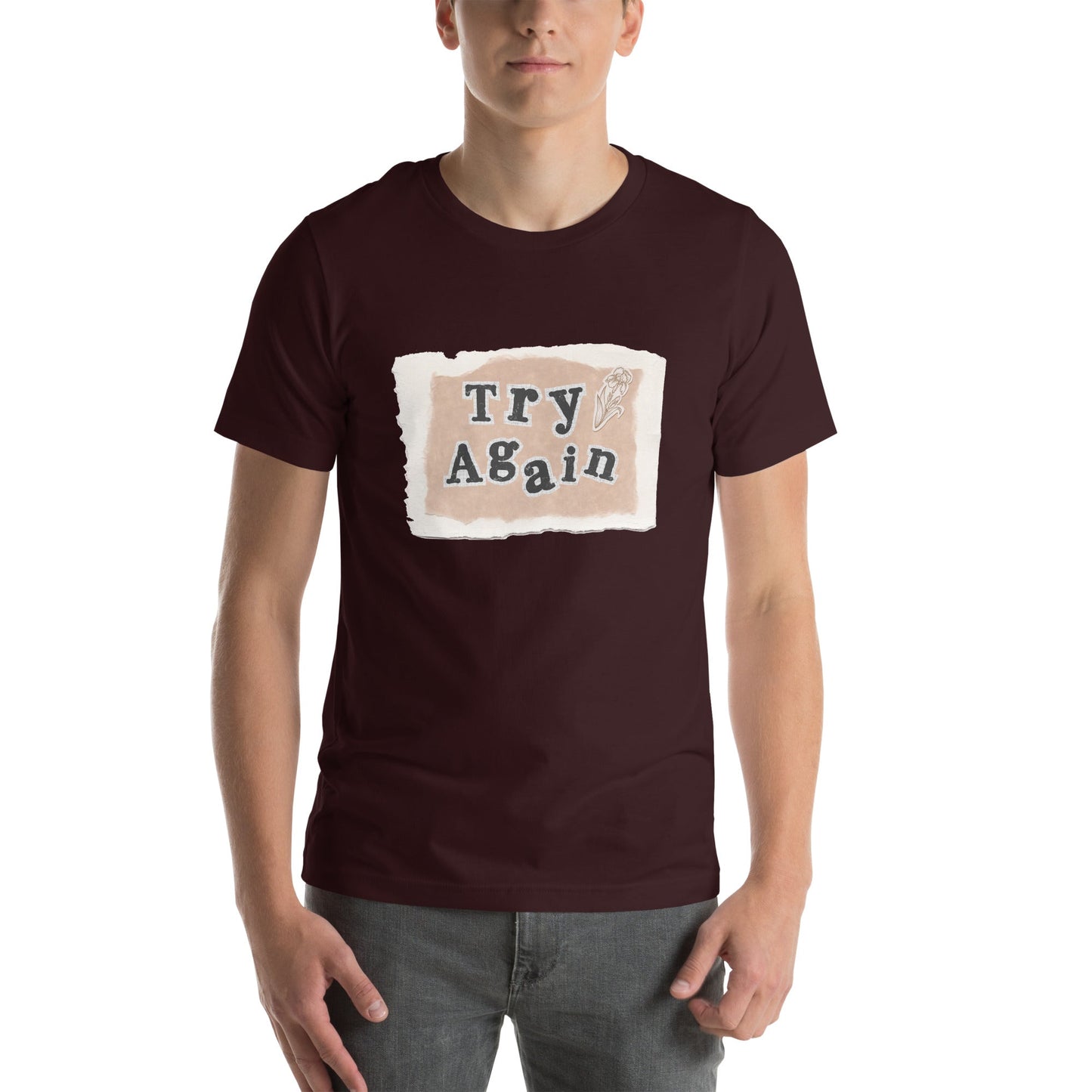 Retry T-Shirt - Left Placement image 3 in Black Heather, size L, showing front view for the Try Again design.