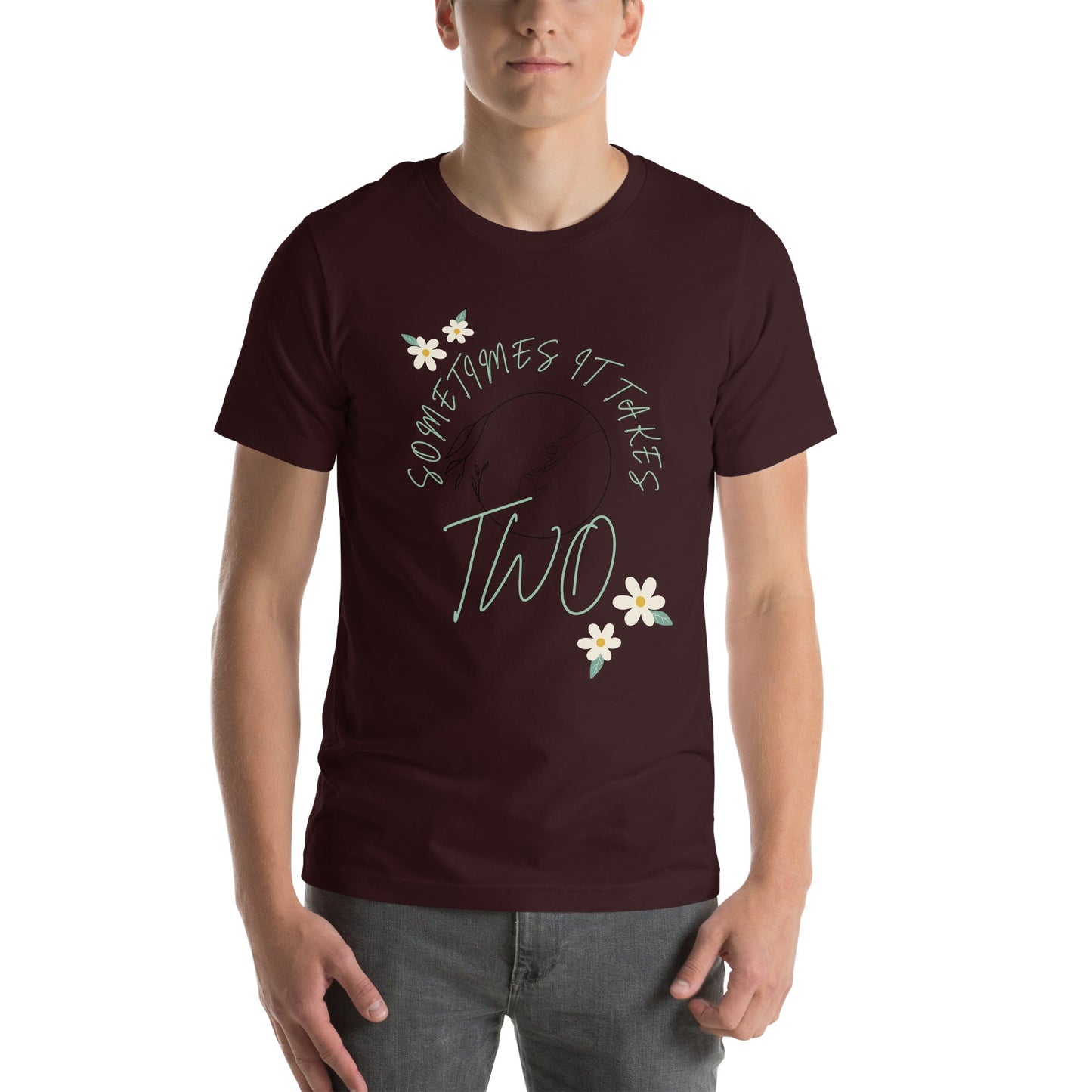 Duet T-Shirt - Left Placement image 3: Black Heather version, size L with front view of the It Takes Two range.