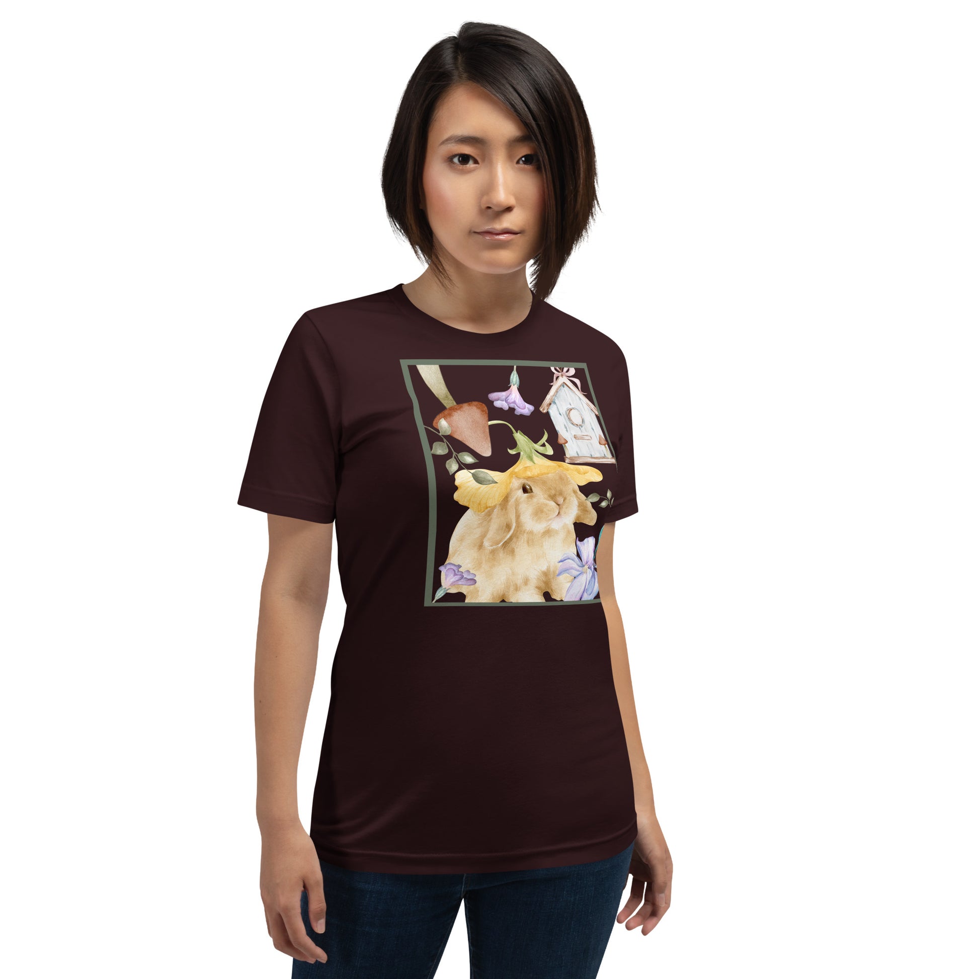 Image 25 of Heather Emerald Meadow Club T-Shirt - Left Placement, size XS, with Bunny Collage artwork visible in front view.