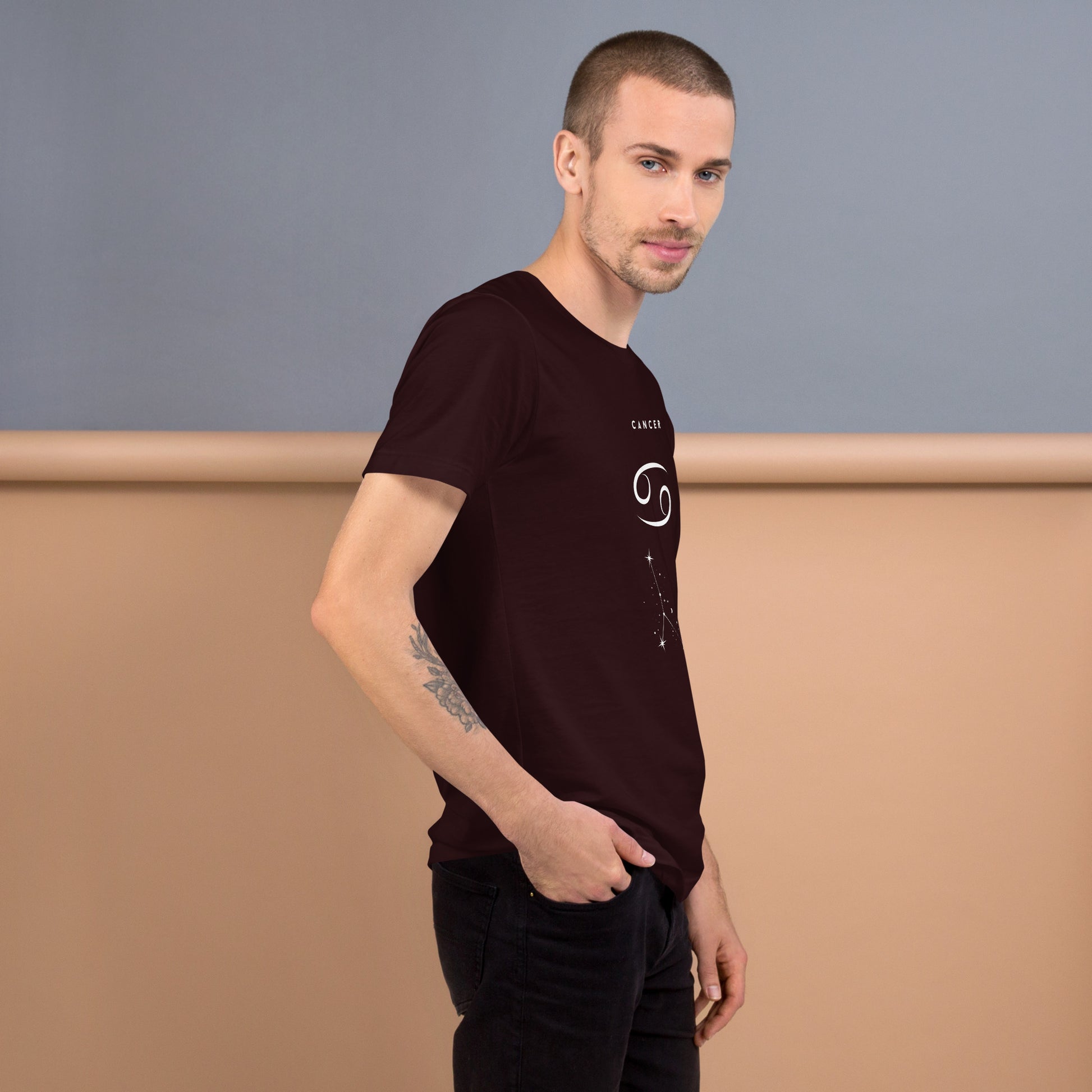 Moonhaven T-Shirt image 16: Oxblood Black version, size S with right-side angle of the Cancer range.
