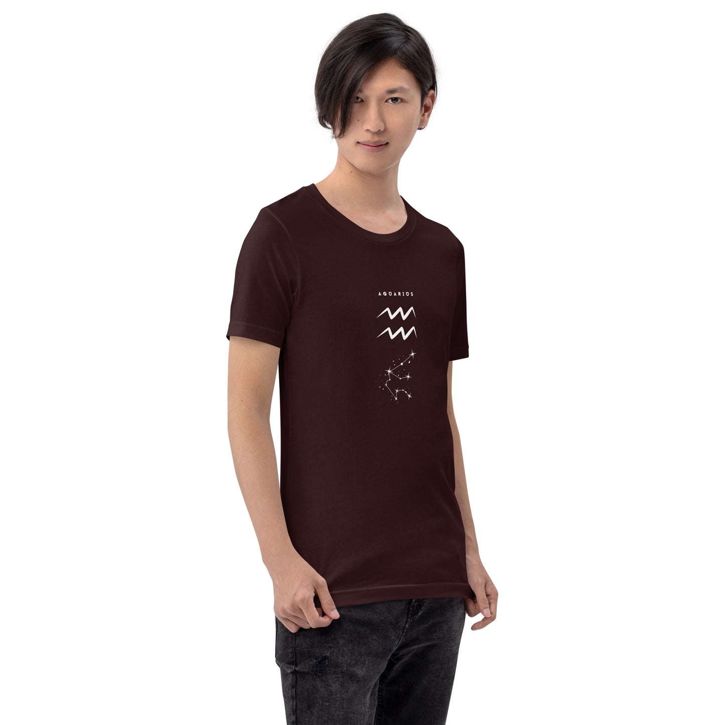Waterbearer T-Shirt - Left Placement image 42 in Dark Grey, size M, showing front view, right-side angle for the Aquarius design.