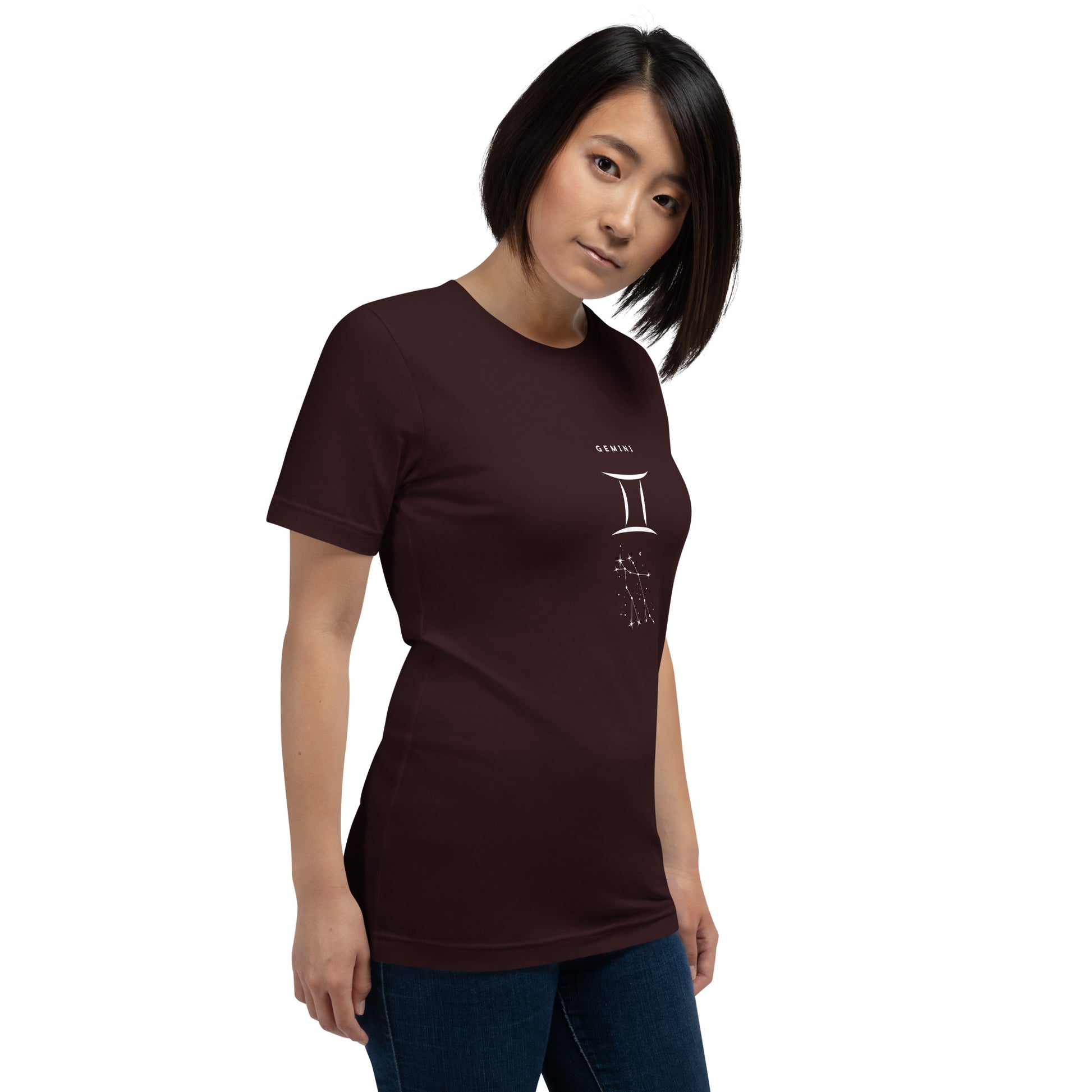 Twin Signal T-Shirt - Left Placement image 14: Oxblood Black version, size XL with front view, right-side angle of the Gemini range.