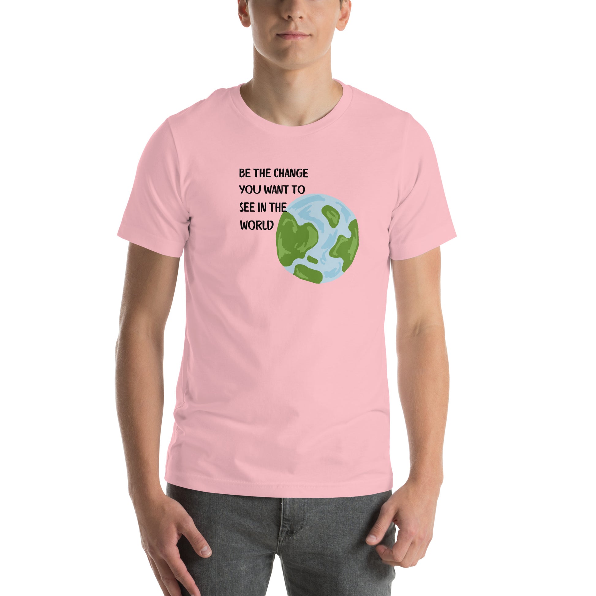 Change Signal T-Shirt - Left Placement image 1 in Pink, size S, showing front view for the Be the Change design.
