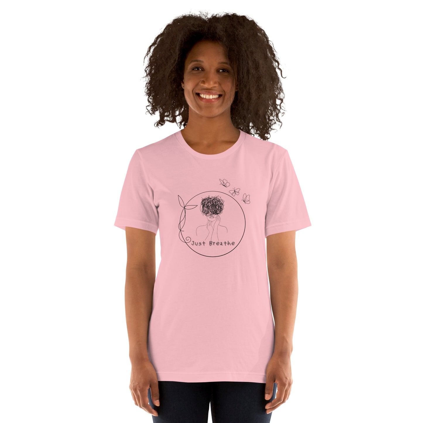 Breathing Room T-Shirt - Left Placement image 12: Heather Prism Peach version, size 2XL with front view of the Just Breathe range.
