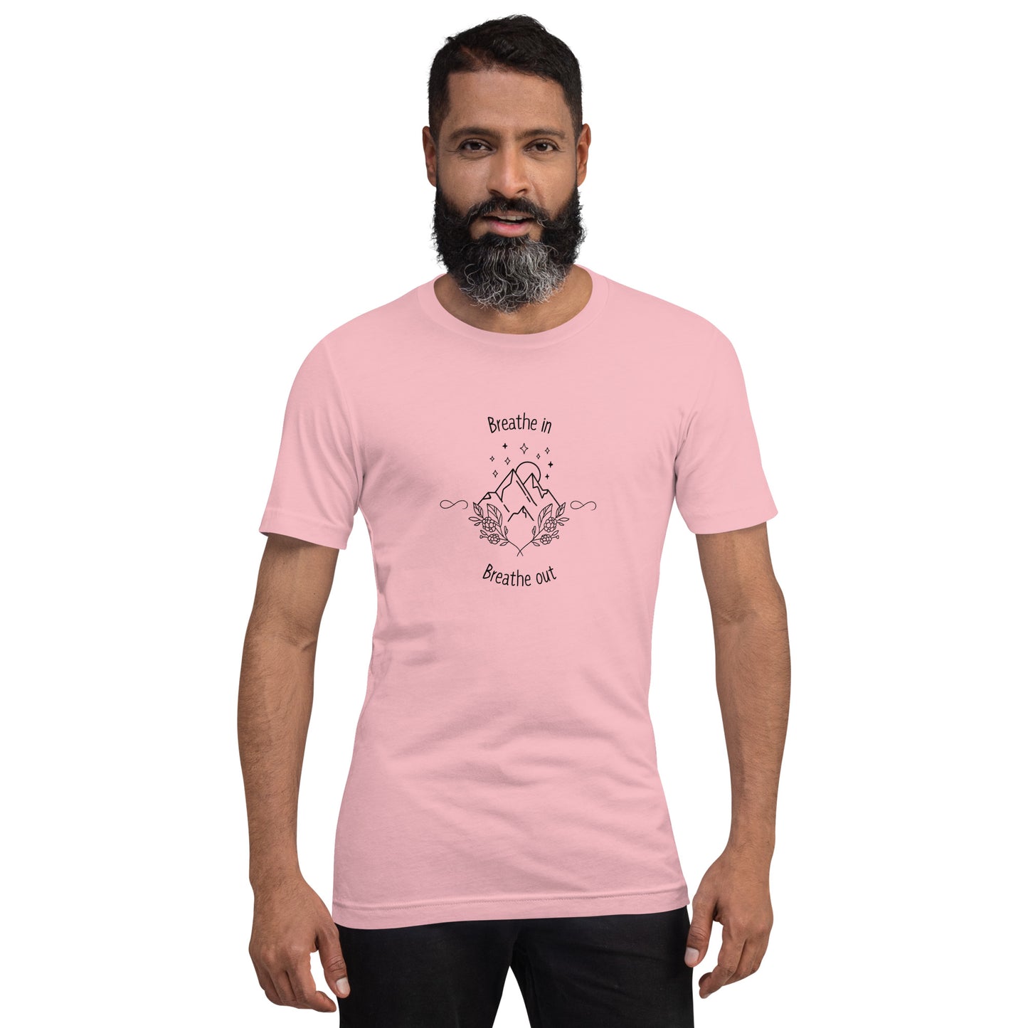 Exhale T-Shirt - Left Placement image 9: Athletic Heather version, size XL with front view of the Breathe in and Breathe Out range.