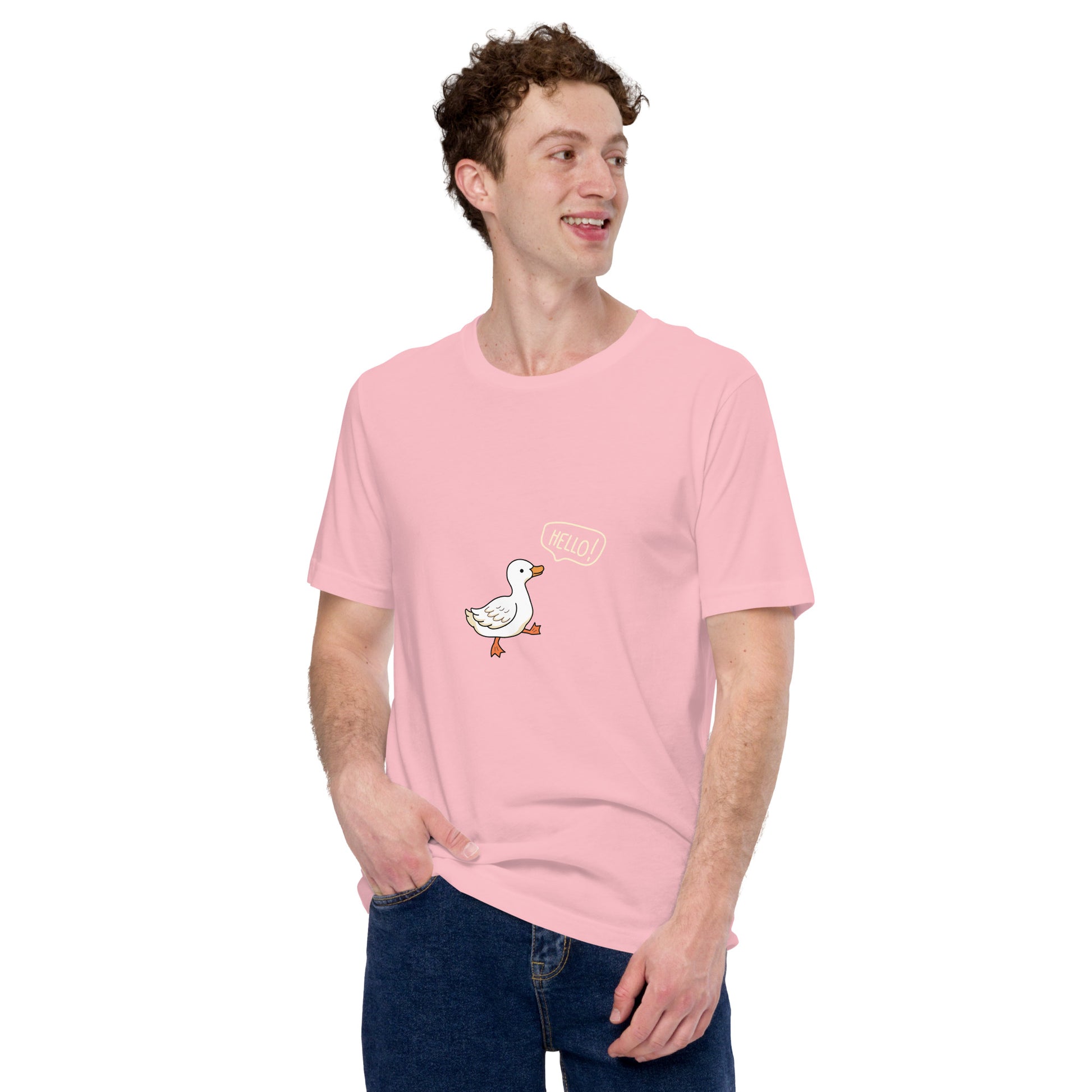 Quacksy T-Shirt image 91 in Pink, size S, showing front view for the Hello Duck design.