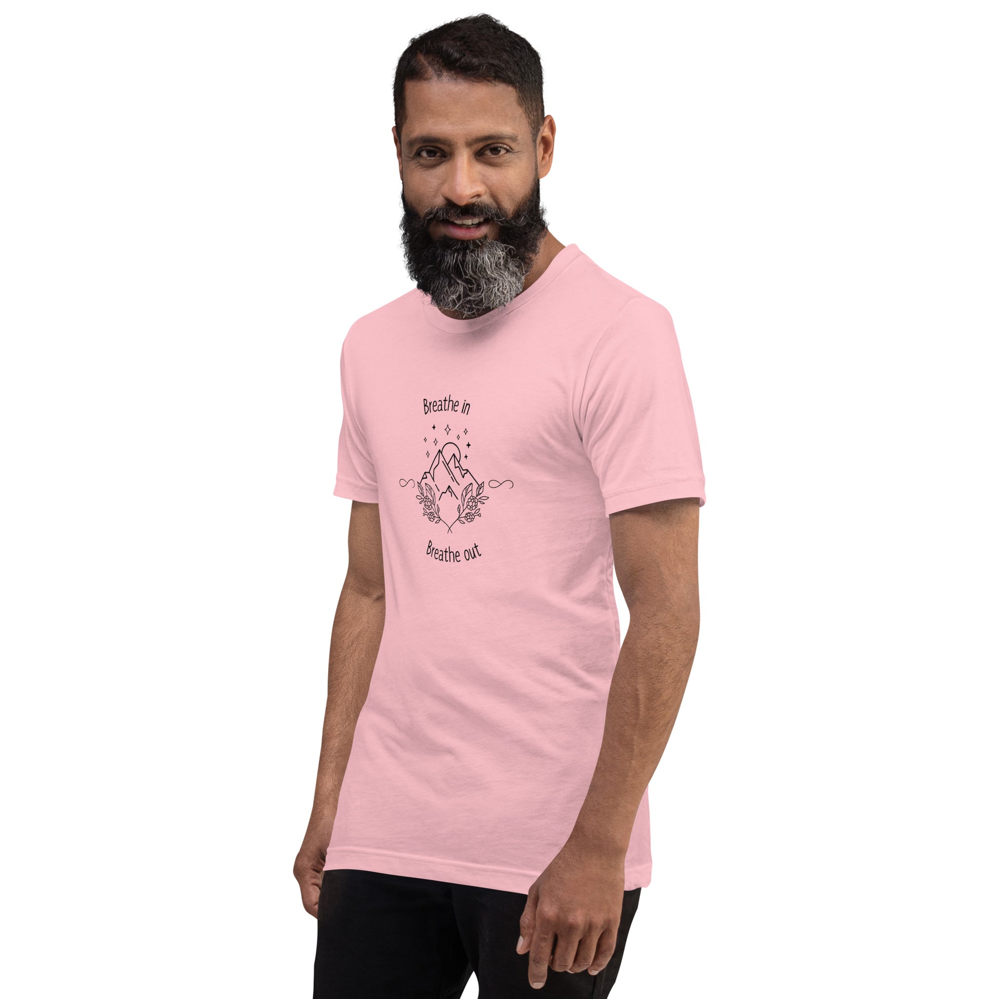 Exhale T-Shirt - Left Placement image 11: Light Blue version, size S with front view, left-side angle of the Breathe in and Breathe Out range.