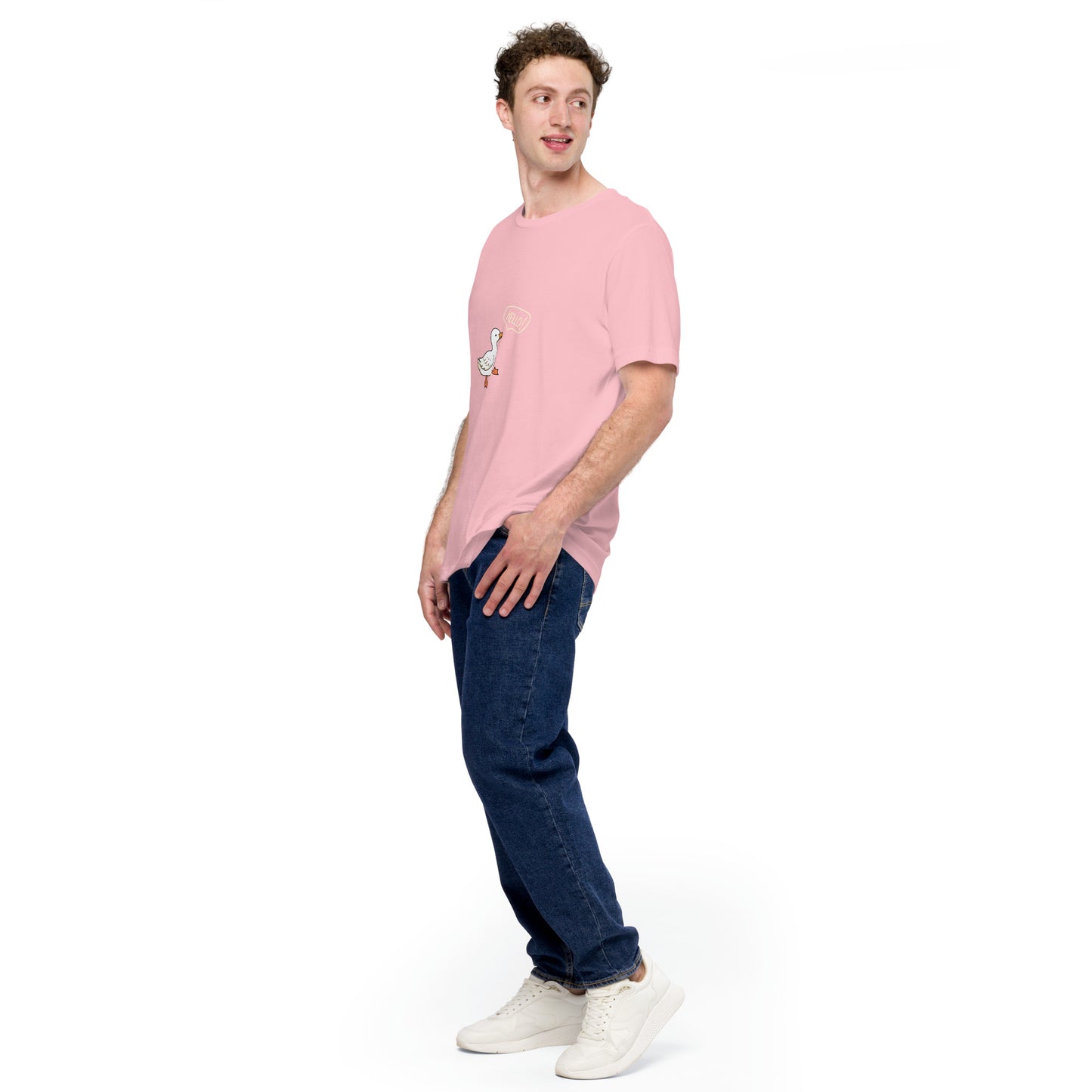 Quacksy T-Shirt image 93 in Pink, size L, showing front view, left-side angle for the Hello Duck design.