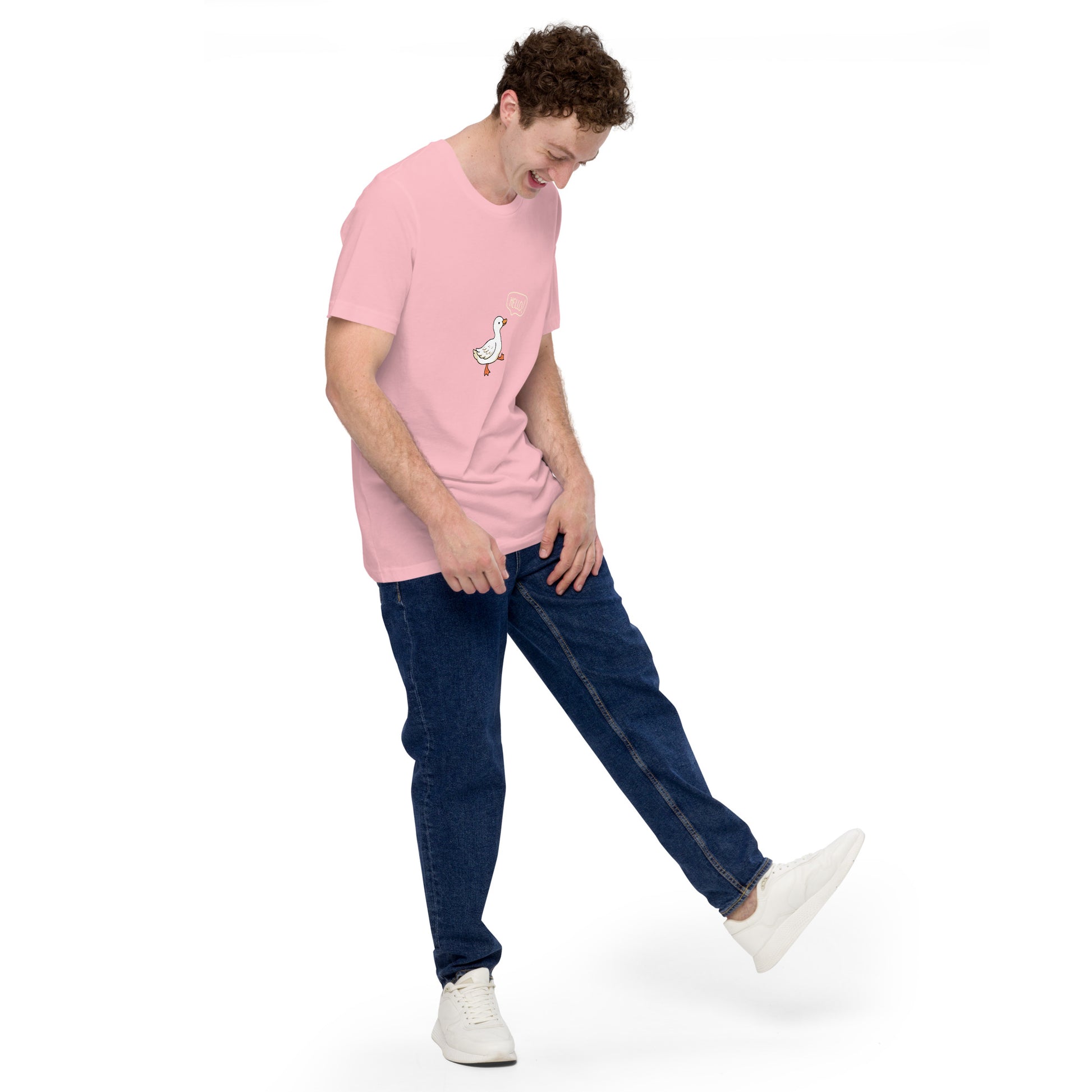 Quacksy T-Shirt image 92: Pink version, size M with front view, right-side angle of the Hello Duck range.