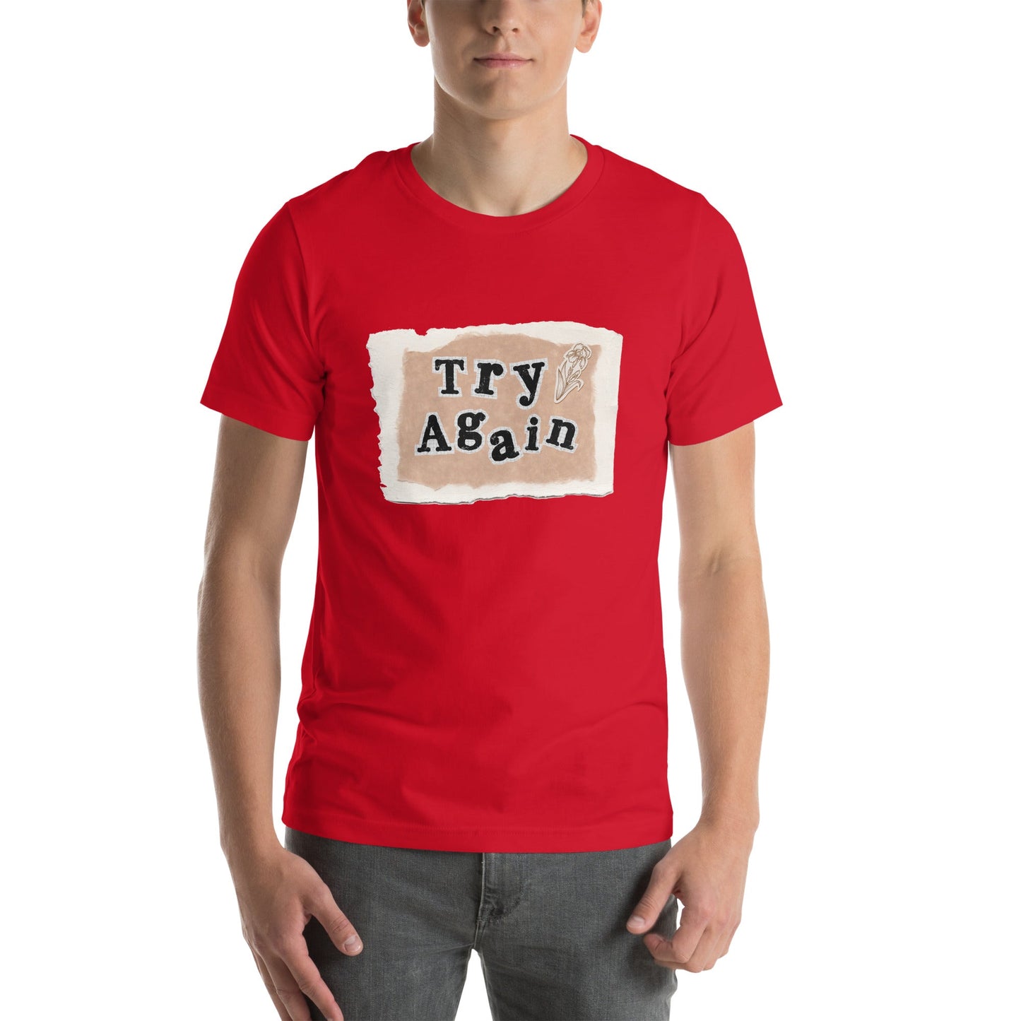 Image 9 of Black Retry T-Shirt - Left Placement, size M, with Try Again artwork visible in front view.